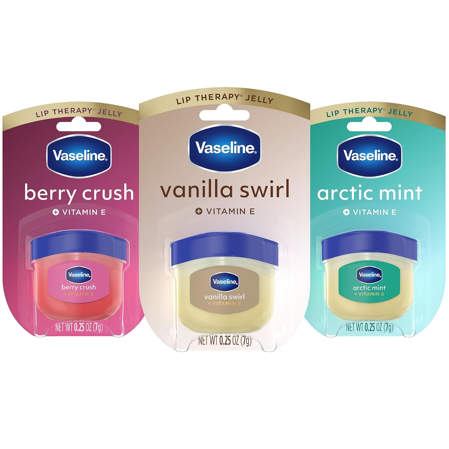 Vaseline Lip Therapy Mini Variety 3-Pack (Arctic Mint, Berry Crush & Vanilla Swirl) Moisturizing Lip Care for Healing Dry, Chapped Lips, 0.25 Oz Ea