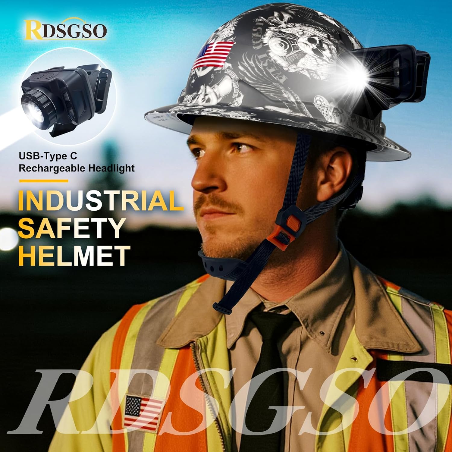 Industrial Full Brim Safety Helmet with Lamp Adjustable Vents Breathable Lightweight Full Brim Hard Hats with Headlight for Construction,Outdoor Work ANSI