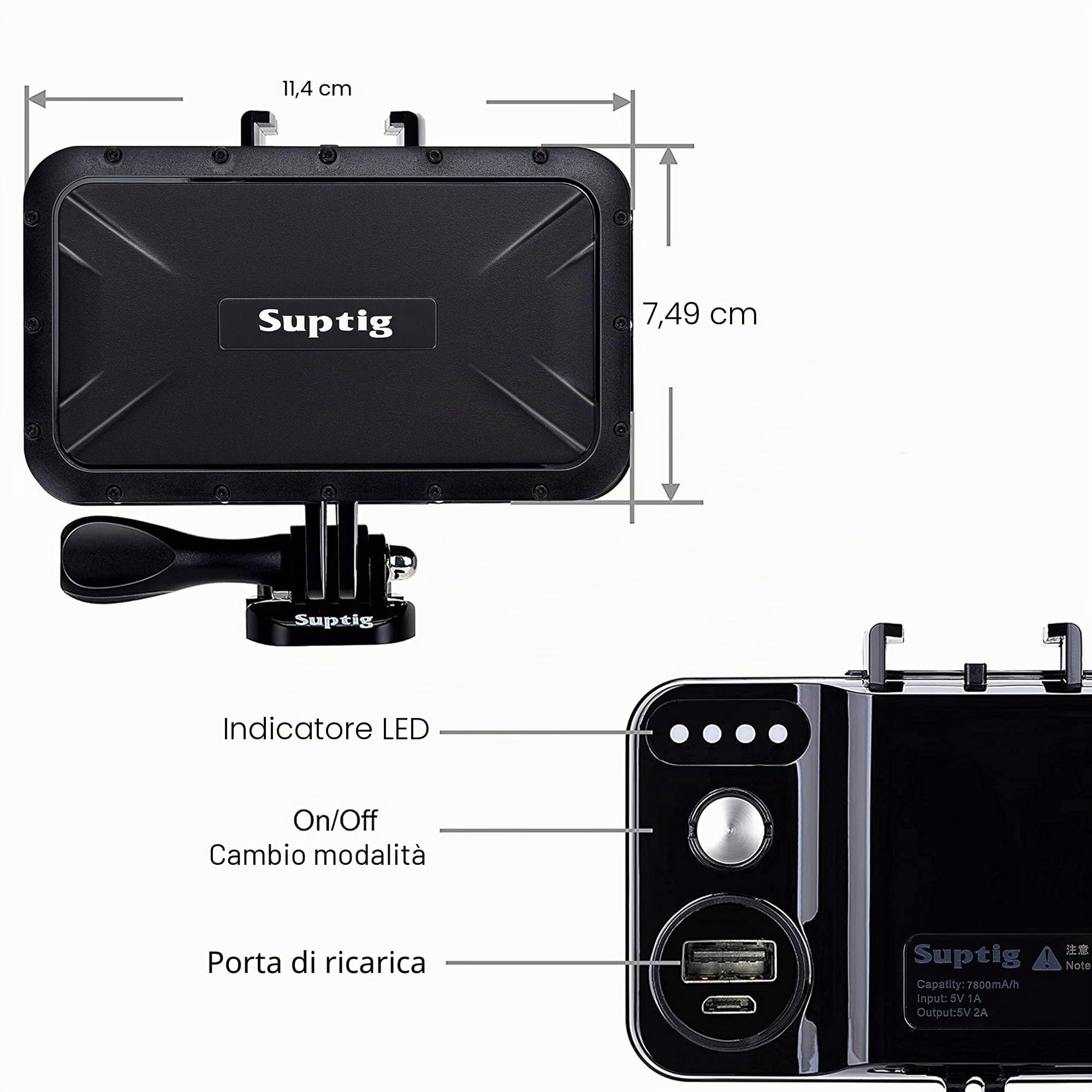 Suptig Caricabatterie portatile, 7800 mAh, impermeabile, compatibile con GoPro Hero 13, Hero 12, Hero 11, Hero 10, Hero 9/8/7/6/5/4/3, Hero Session Hero + fotocamera digitale DJI Osmo e smartphone