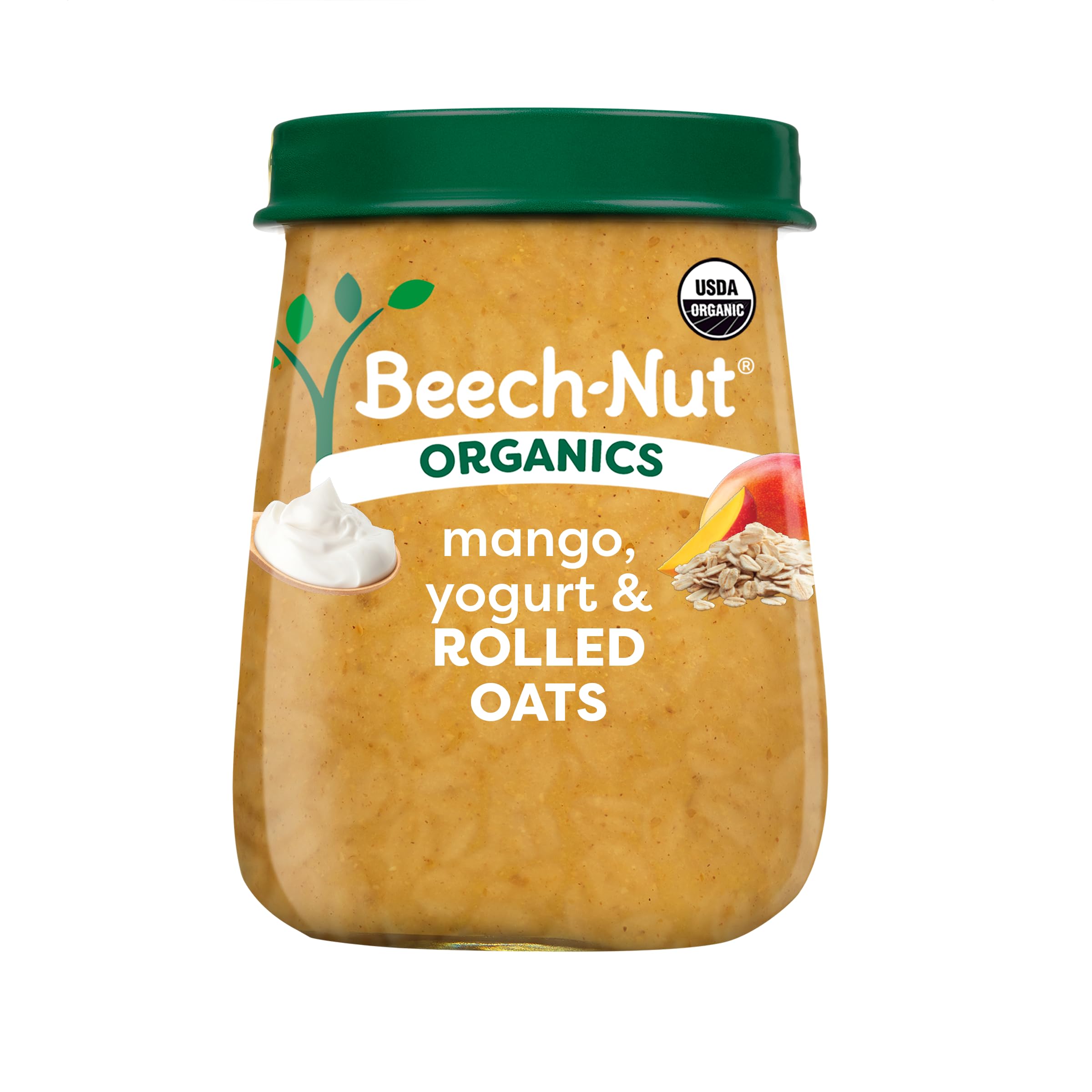Beech-Nut Organic Baby Food Jars, Organic Mango Yogurt & Rolled Oats Puree, Stage 3 Baby Food for Babies 8 Months and Up, Non-GMO, 4oz Glass Jars, 10ct