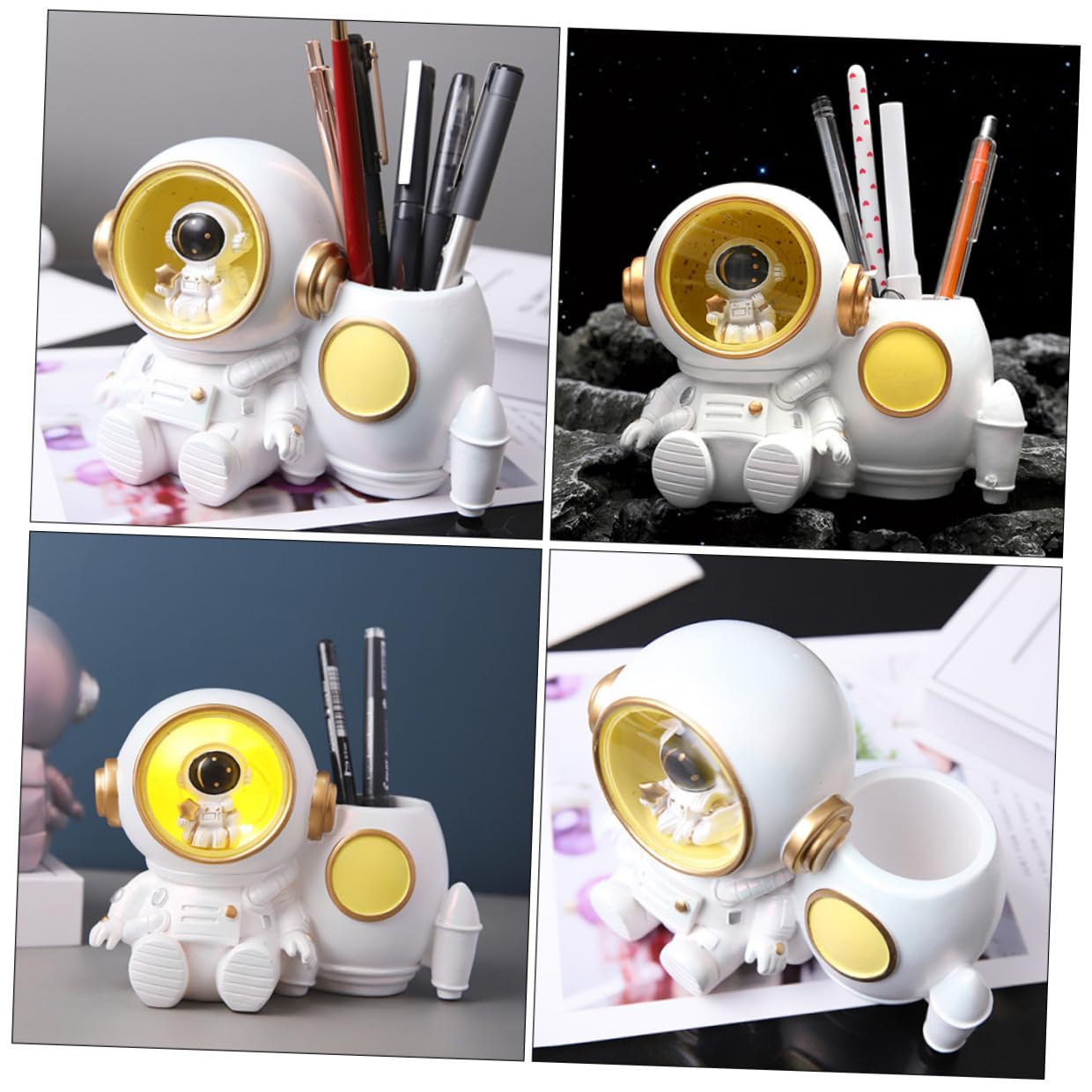VILLCASE Portapenne Astronauta in Resina con Luce LED e Grande Capacità per Scrivania, Accessorio Desktop per Ragazzi e Ragazze