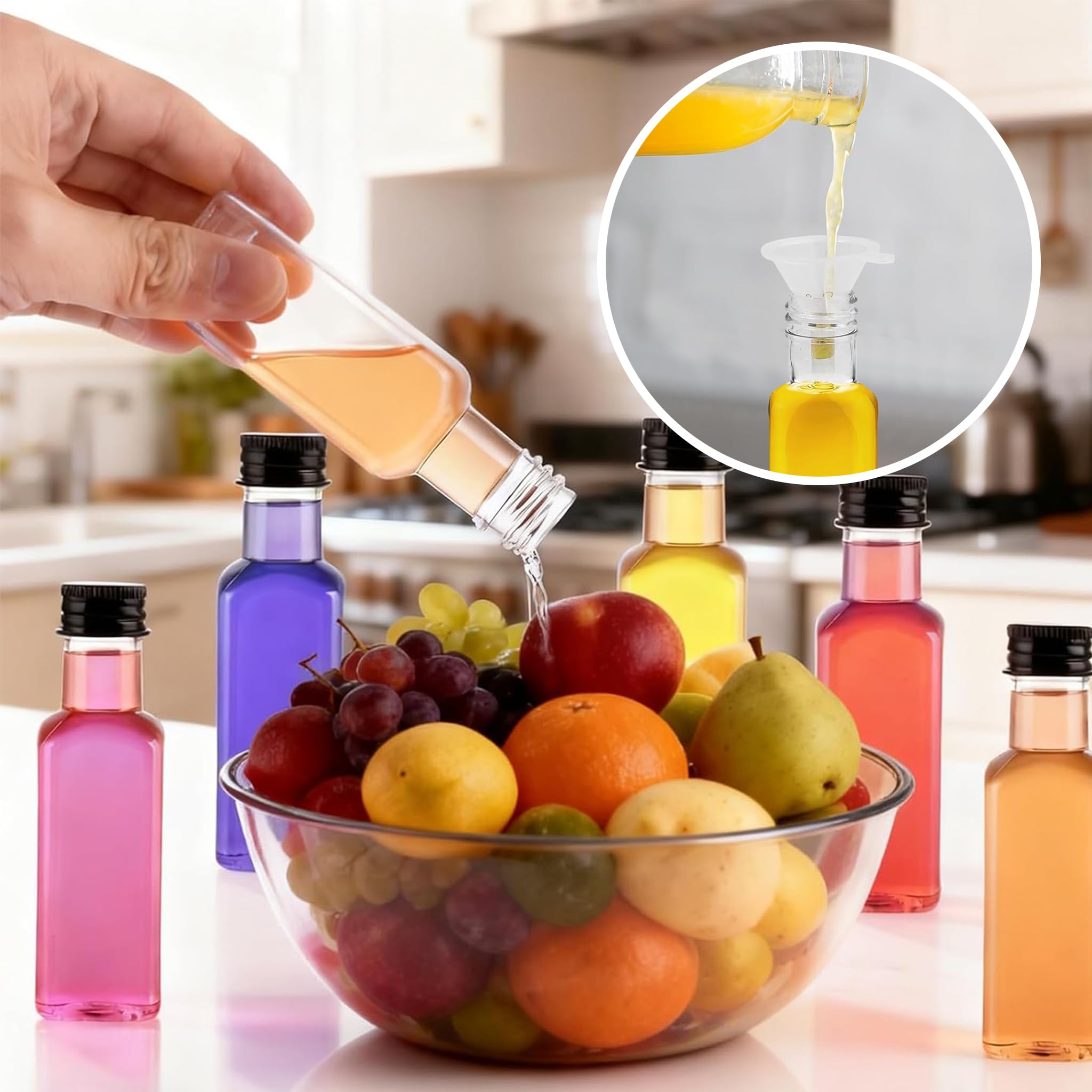 12 Pezzi Piccole Bottiglie da 50ml per riempire, Mini Bottiglie di Liquore con Coperchio e Imbuto Neri, Bottiglie Riutilizzabili per Festa di Nozze (Quadrata)