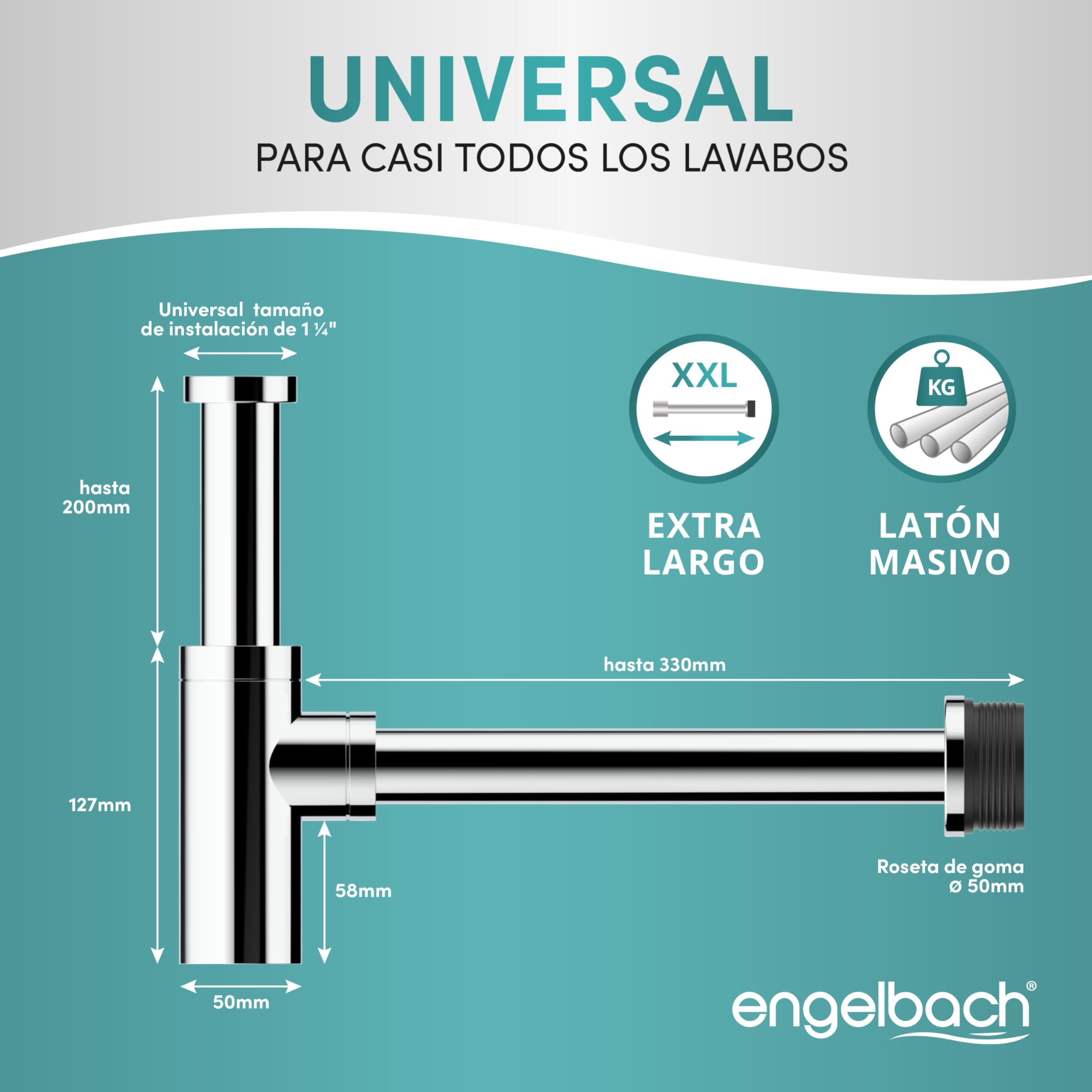 Engelbach® Sifón diseño para lavabo 1 1/4" con apertura limpieza - Desagüe universal con junta de goma e instrucciones - Cromado