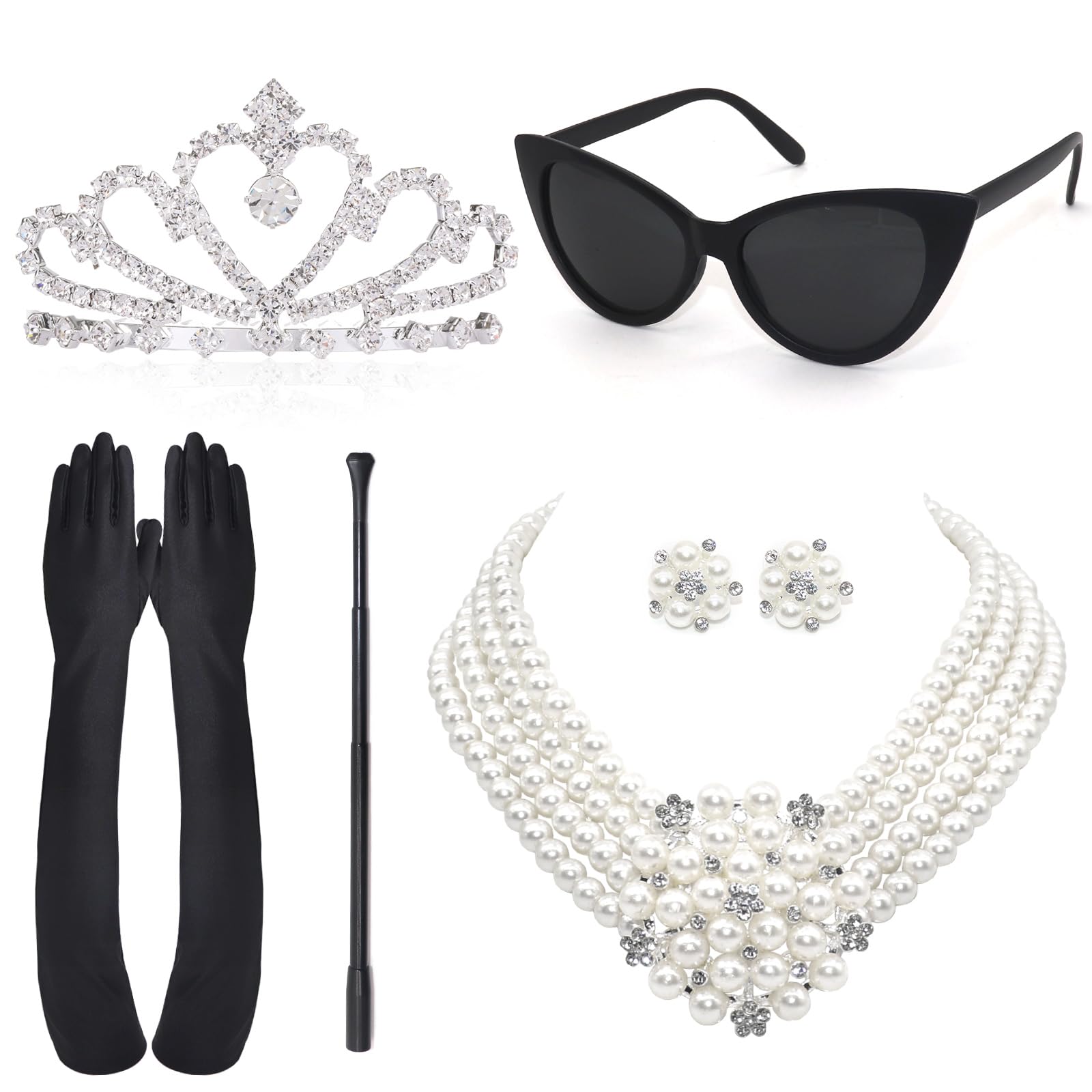 Oerphh 60s Retro Accessories, Fancy Dress Jewellery with Pearl Necklace Tiara Earrings Gloves Sunglasses Holder