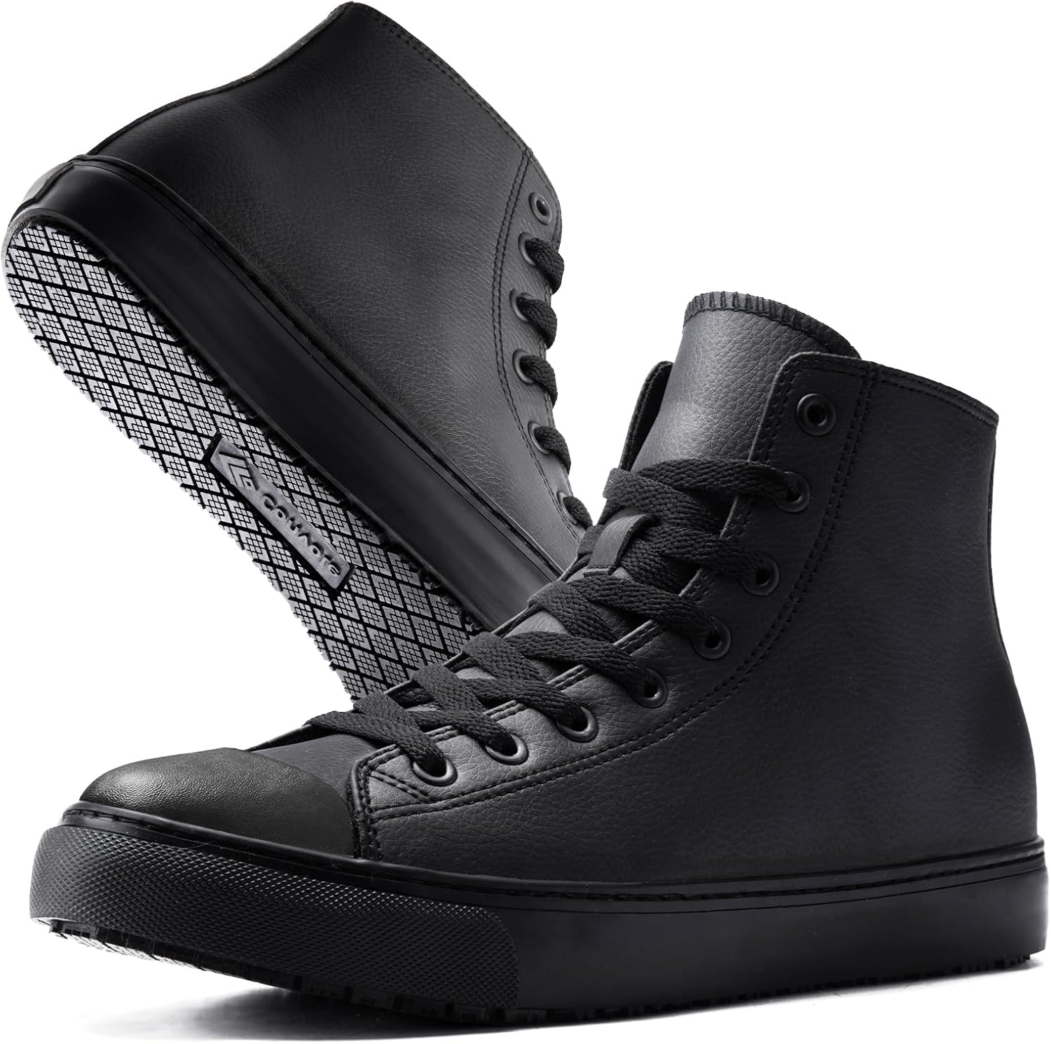 Non-Slip Work Shoes for Women, Leather Slip-Resistant (Oil & Water) Sneakers for Food Service, Black High Top Restaurant Server Boots, Comfortable Casual Anti-Slip Chef Kitchen Shoes