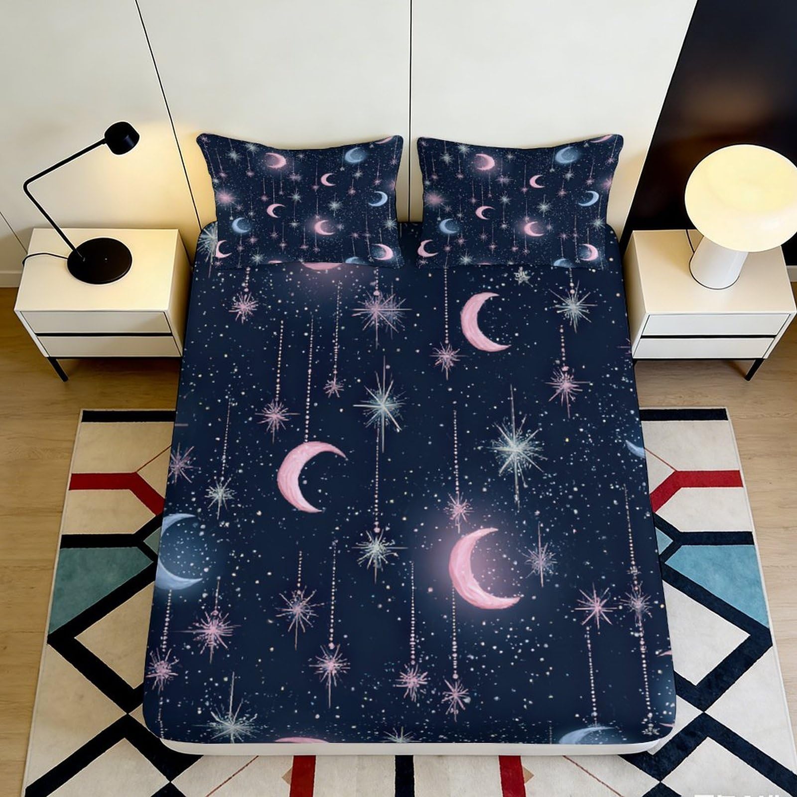 3D Printed Moon and Starry Night Fitted Sheet Microfiber Soft Mattress Cover for Bedroom Dorm Easy Care Decor 90x200x25cm