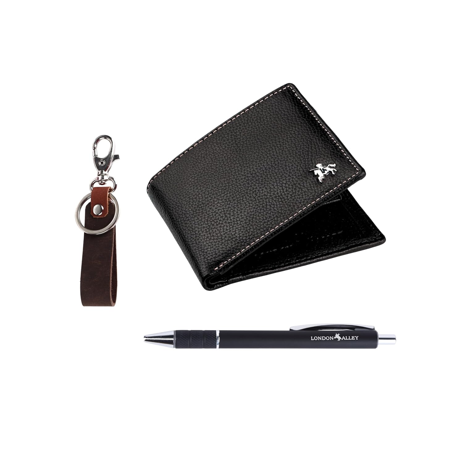 LONDON ALLEY Kevin Classic Black Leather Wallet, Keyring & Pen Combo Gift Set for Men | Gift Hamper for Men - Image 2