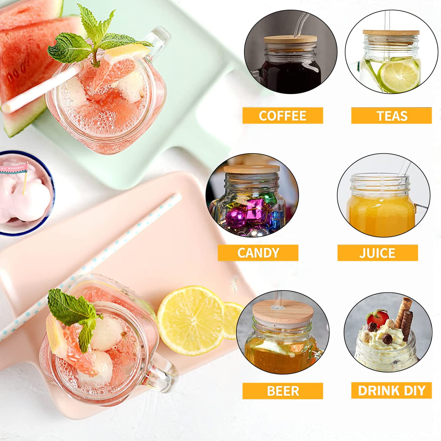 Mason Jar Drinking Glasses Set - 4 with Straws & Lids -4