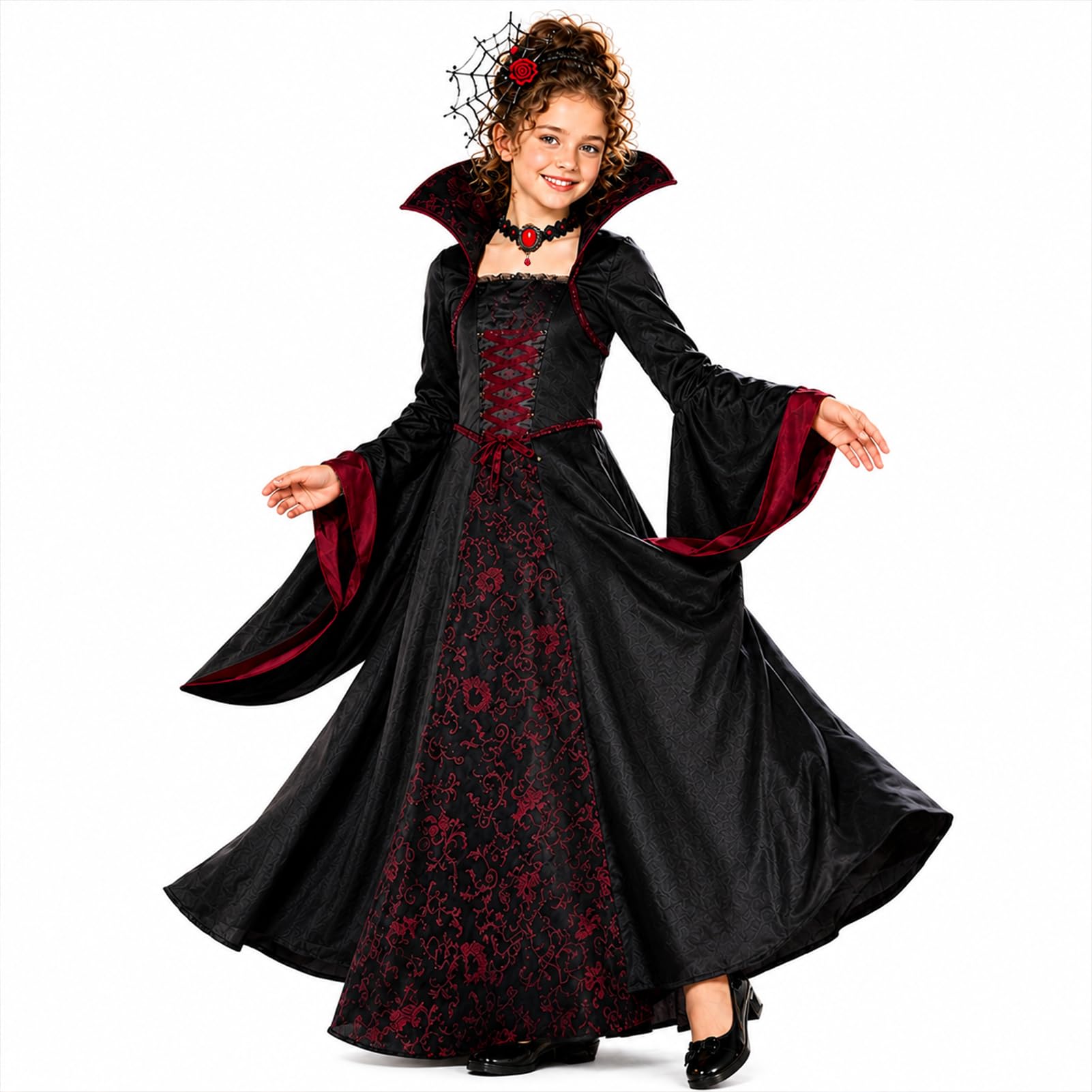 Mädchen Gothic Vampirkostüm Umhang 3-5 5-8 8-12 Gruseliges HalloweenCosplay