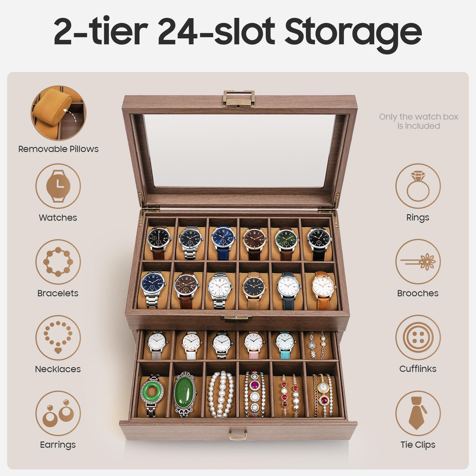 Scatola per orologi con 24 scomparti | 2 livelli di venatura del legno | per orologi e gioielli a casa | per uomini e donne amanti degli orologi