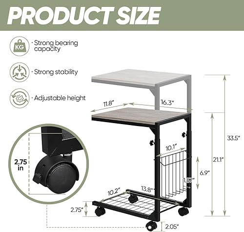 Miniatura 10 de FAGIGY Mesas de altura ajustable en forma de C, mesa auxiliar de mesa C para sofá, mesas de sofá que se deslizan por debajo, mesa auxiliar de sofá
