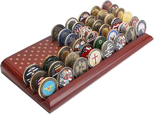 LIUYALO Exhibición de monedas de desafío de 6 filas con bandera de Estados Unidos, soporte para monedas de desafío hecho de 100% madera maciza