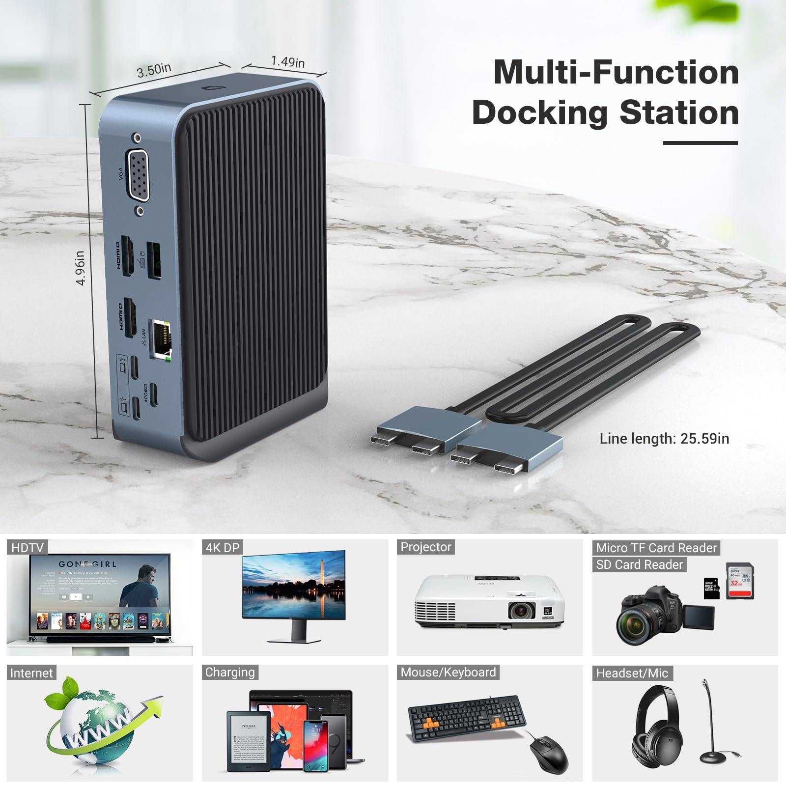 Docking Station 15 in 1 USB C Dock per MacBook Pro/Air, Multiport Hub Triple Monitor tramite VGA/2 HDMI, 100 W PD Laptop Dock per HP, Dell (USB-A/C 3.0 5 GBPS, RJ45 Ethernet, Audio & Mic, SD/TF)