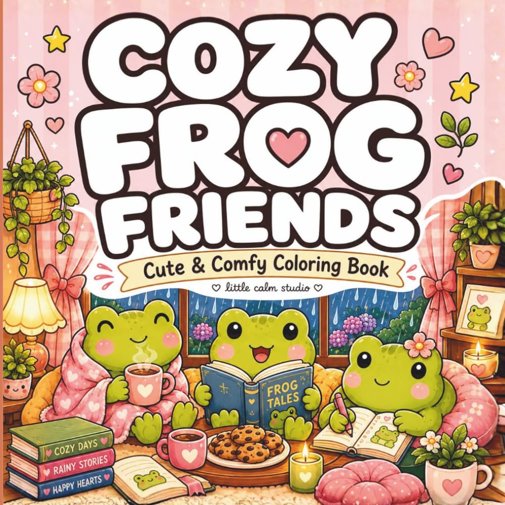 Cozy Frog Friends: A Cute Coloring Book for Adults and Teens with Cozy Frog Adventures, Relaxing Scenes, Rainy Days, Books, Tea, Flowers, and Friendship