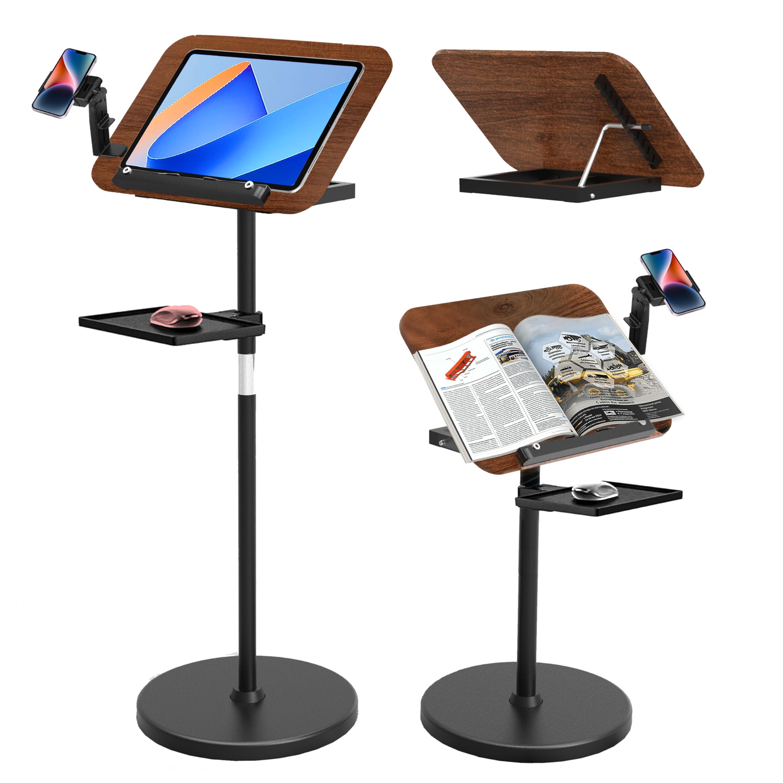 2 in 1 Adjustable Music Stand for Sheet Music, Dual Use Desktop and Floor, Book Stand with Tray & Elastic Page Clips for Music Sheet, Recipe, Tablet,