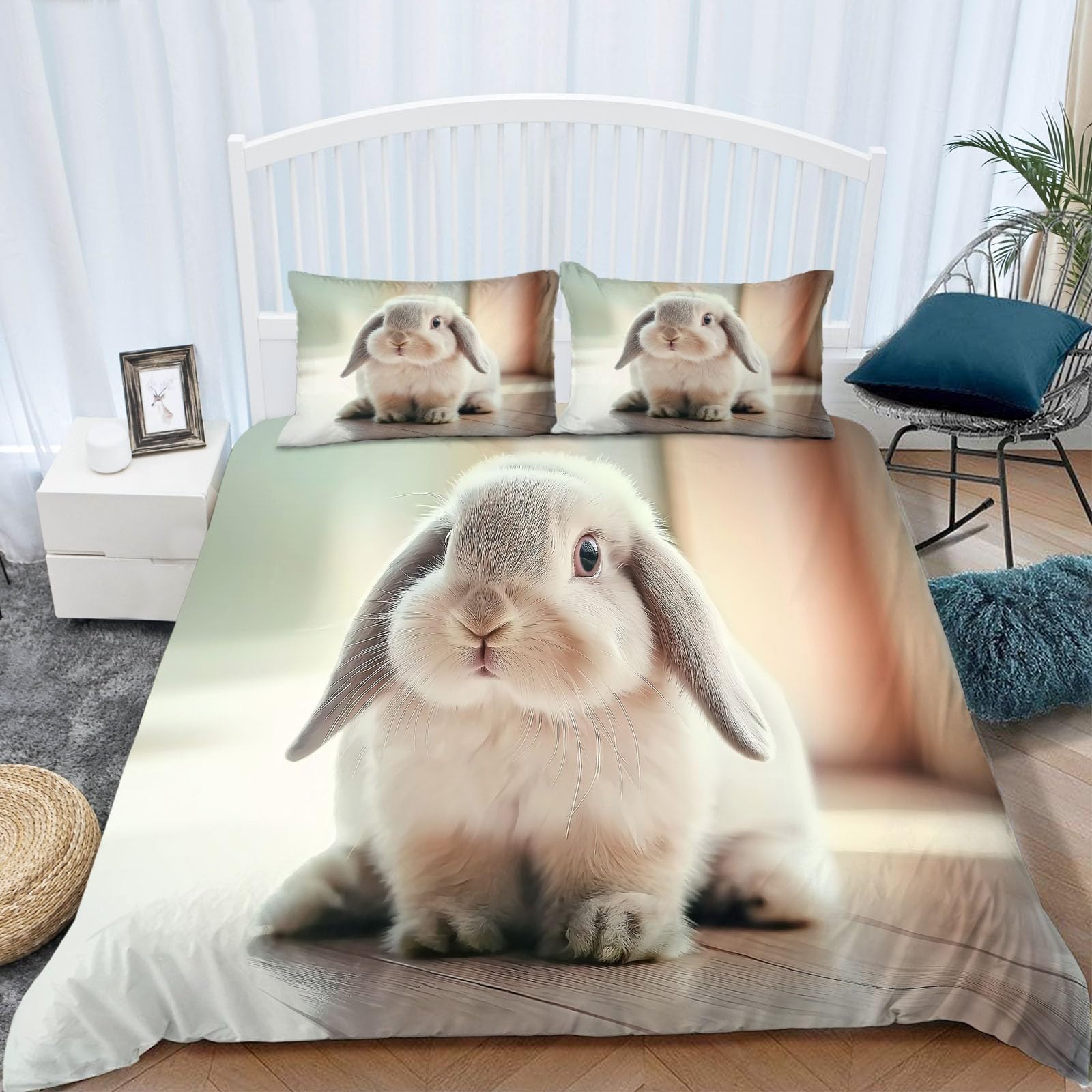 Copripiumino Singolo 150x200 cm Coniglio Lop Animale Set di Biancheria da Letto in Cotone Poliestere Confortevole Stampa 3D Copripiumino con Chiusura a Cerniera