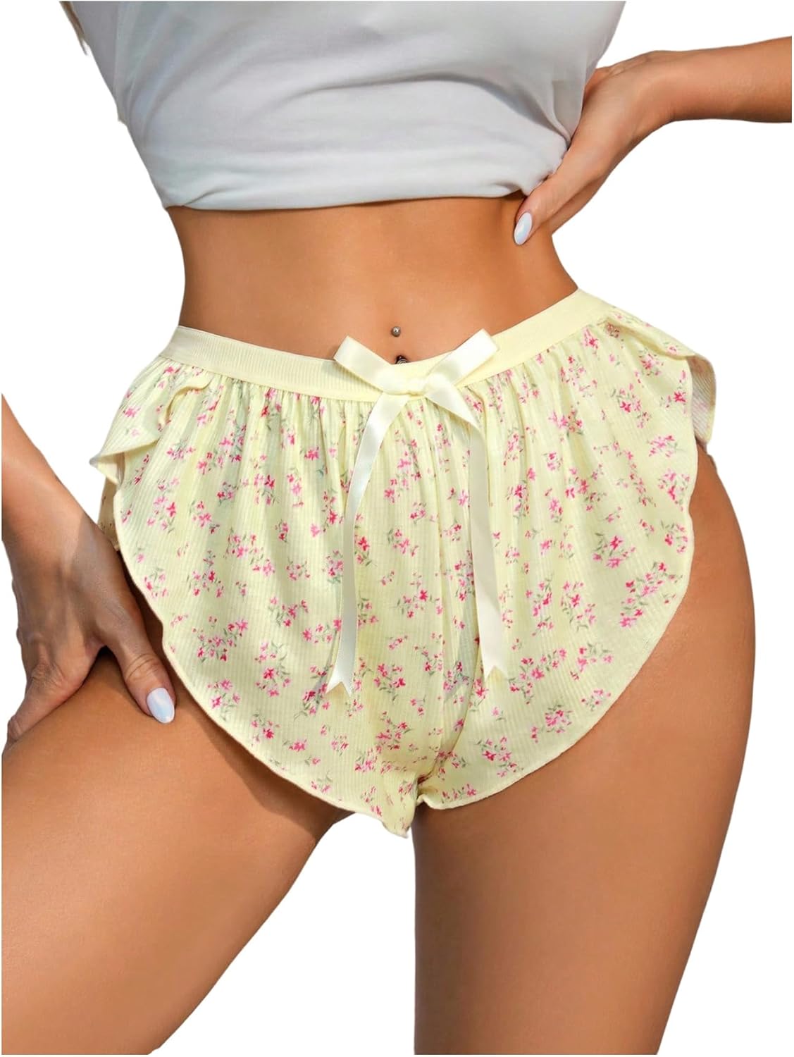 SHENHE Women's Pajama Shorts Split Leg Floral Cheeky Lounge Shorts Coquette Flowy Sleep Bottoms