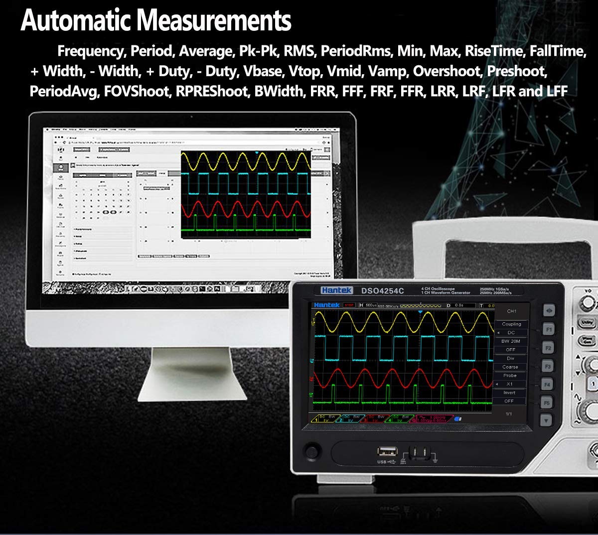 4 Channels Digital Oscilloscope,1GS/s Sample Rate 250MHz LCD PC Desktop