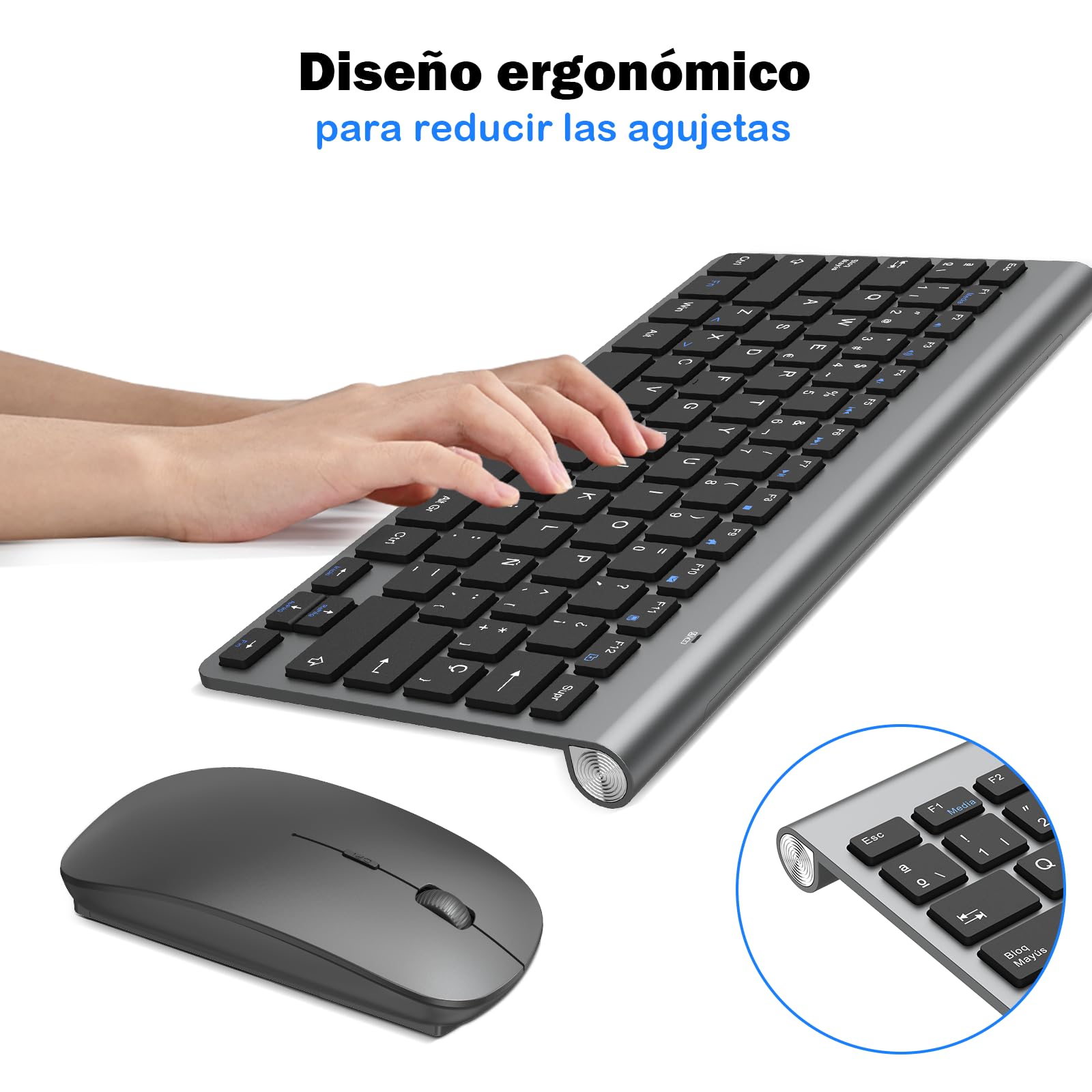 PINKCAT Teclado y ratón inalámbricos, 2.4G Set de Teclado Ultrafino y ratón ergonómico silencioso con 12 accesos directos Multimedia para Ordenador, PC, Tableta, Ordenador de sobremesa (Gris Oscuro)