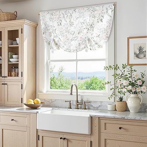 Miniatura 2 de jinchan Cenefa de amarre floral ajustable de lino para ventanas de granja de 54 pulgadas, cenefa botánica de flores coloridas, tratamiento de