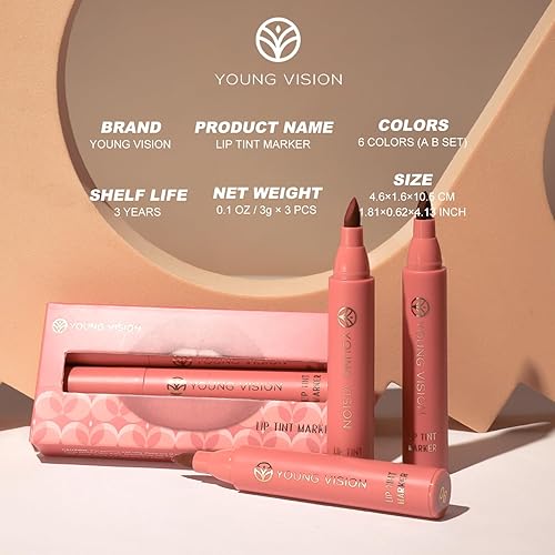 Miniatura 8 de YOUNG VISION Juego de 3 marcadores de tinte de labios, tinte de labios ligero, lápiz labial líquido con tonos mate nude, delineador de labios y