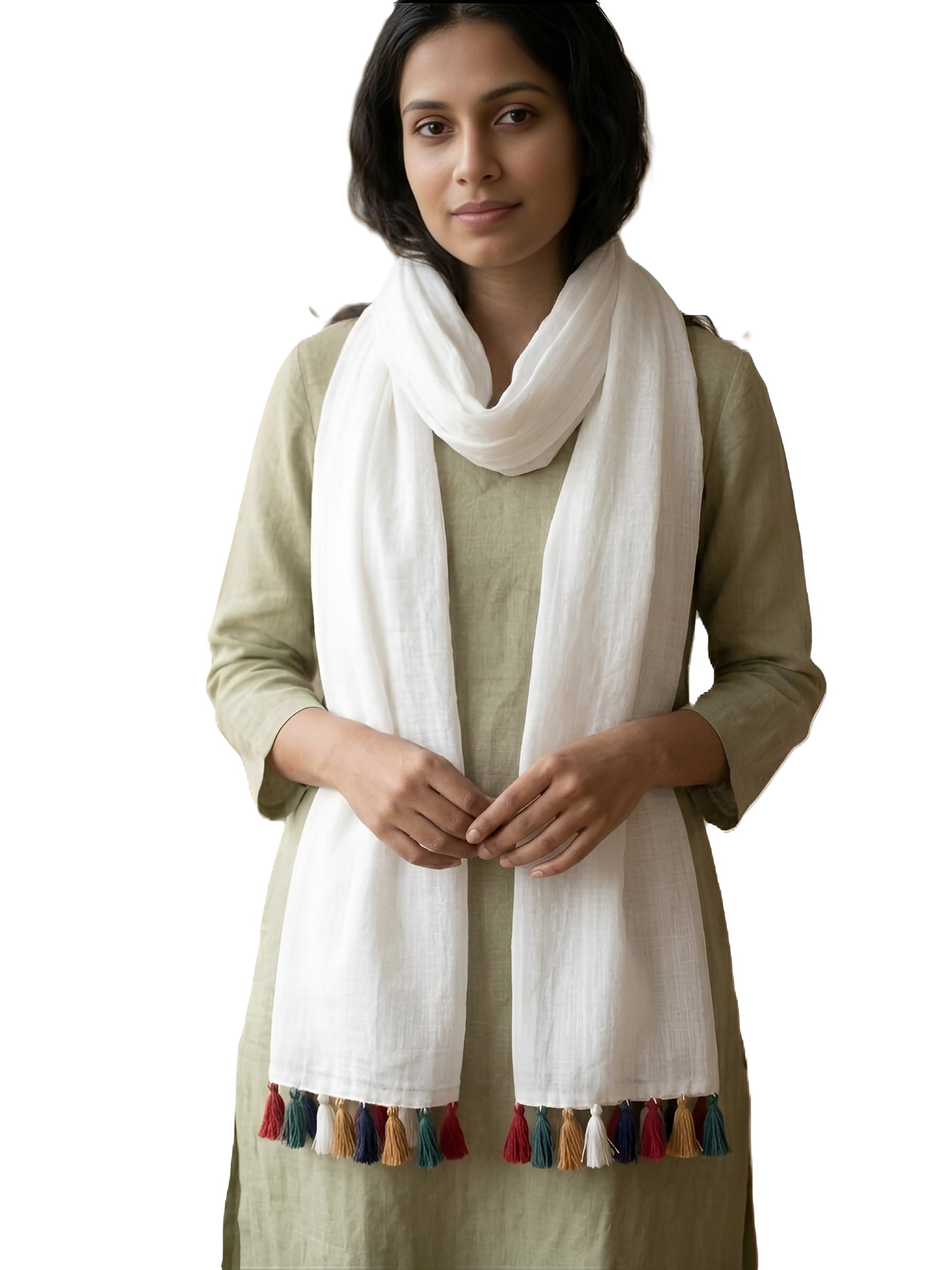 drape essence Women's Off-White Pure Mul Cotton Dupatta with Colorful End Tassels | Soft Lightweight Cotton Stole/Scarf for EthnicWear and FusionWear | 2.25mtr Dupatta For Women.-picture-42