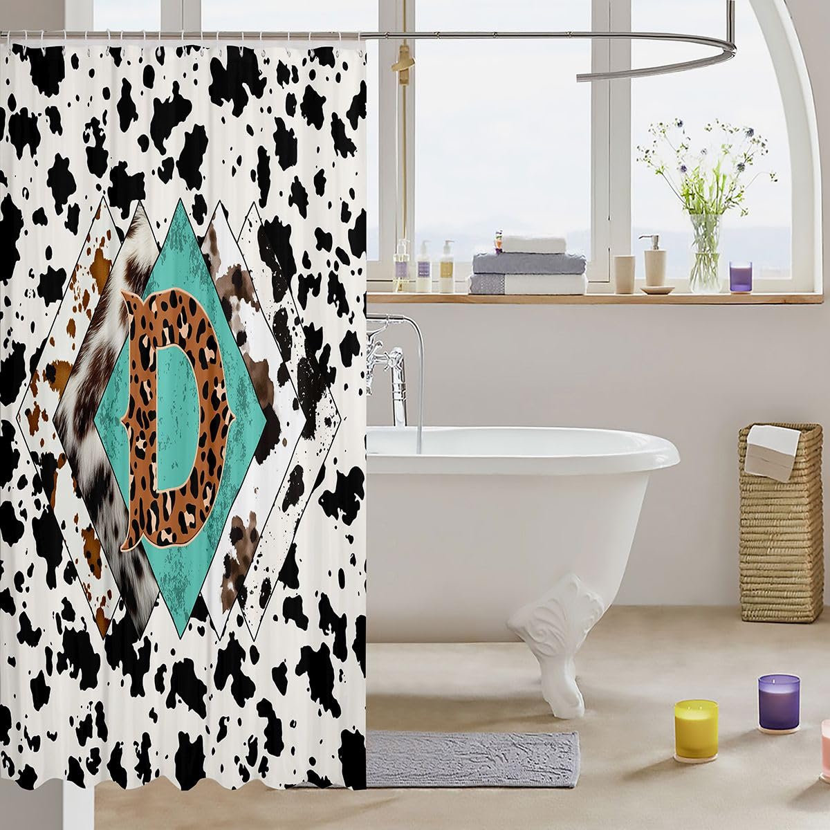 Rideau de douche lettre D taille L léopard monogramme alphabet imprimé cuir de vache rideau de bain pour adultes design rustique rétro rideaux de bain imperméables avec 12 crochets pour baignoire