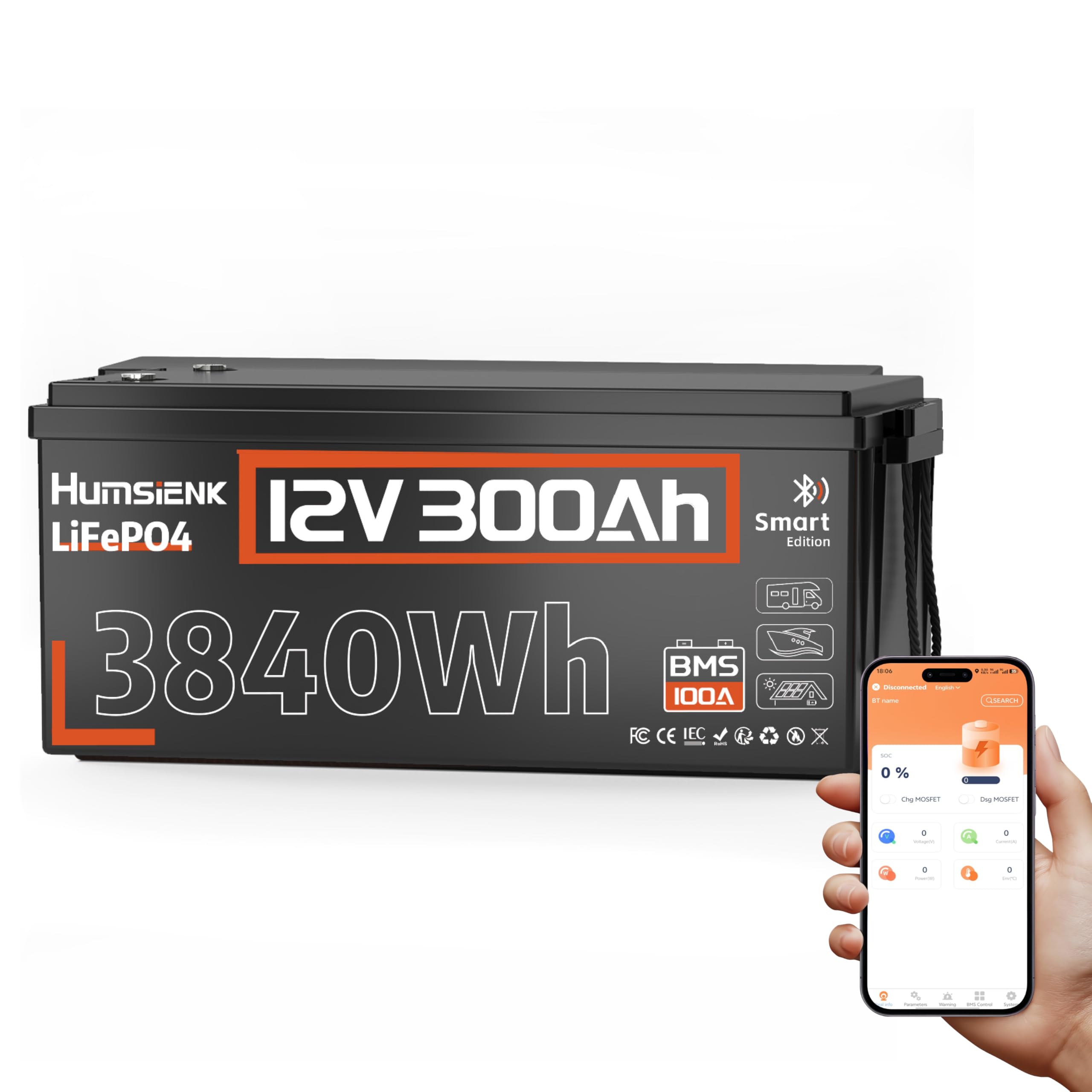 Humsienk Batería Litio LiFePO4 12V 300Ah con Bluetooth, 3840Wh, BMS con Protección de Baja Temperatura, hasta 15000 Ciclos, Batería Recargable para Autocaravana, Barco, Placa Solar y Caravana