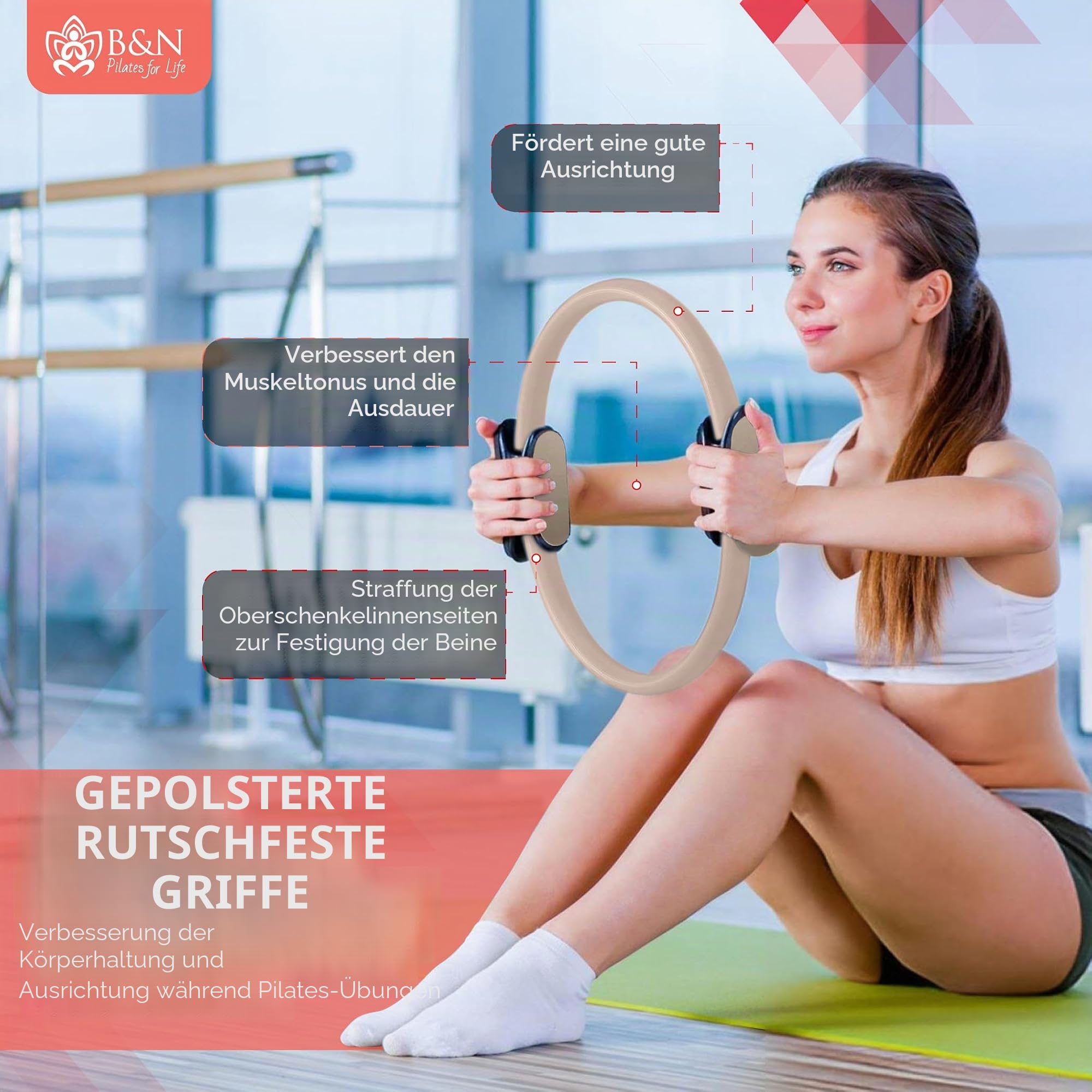 Komplettes Pilates-Set, Beige – Pilates-Ring, weicher Ball, 3 Widerstandsbänder, rutschfeste Socken, Anleitung – Fitnesszubehör für Damen