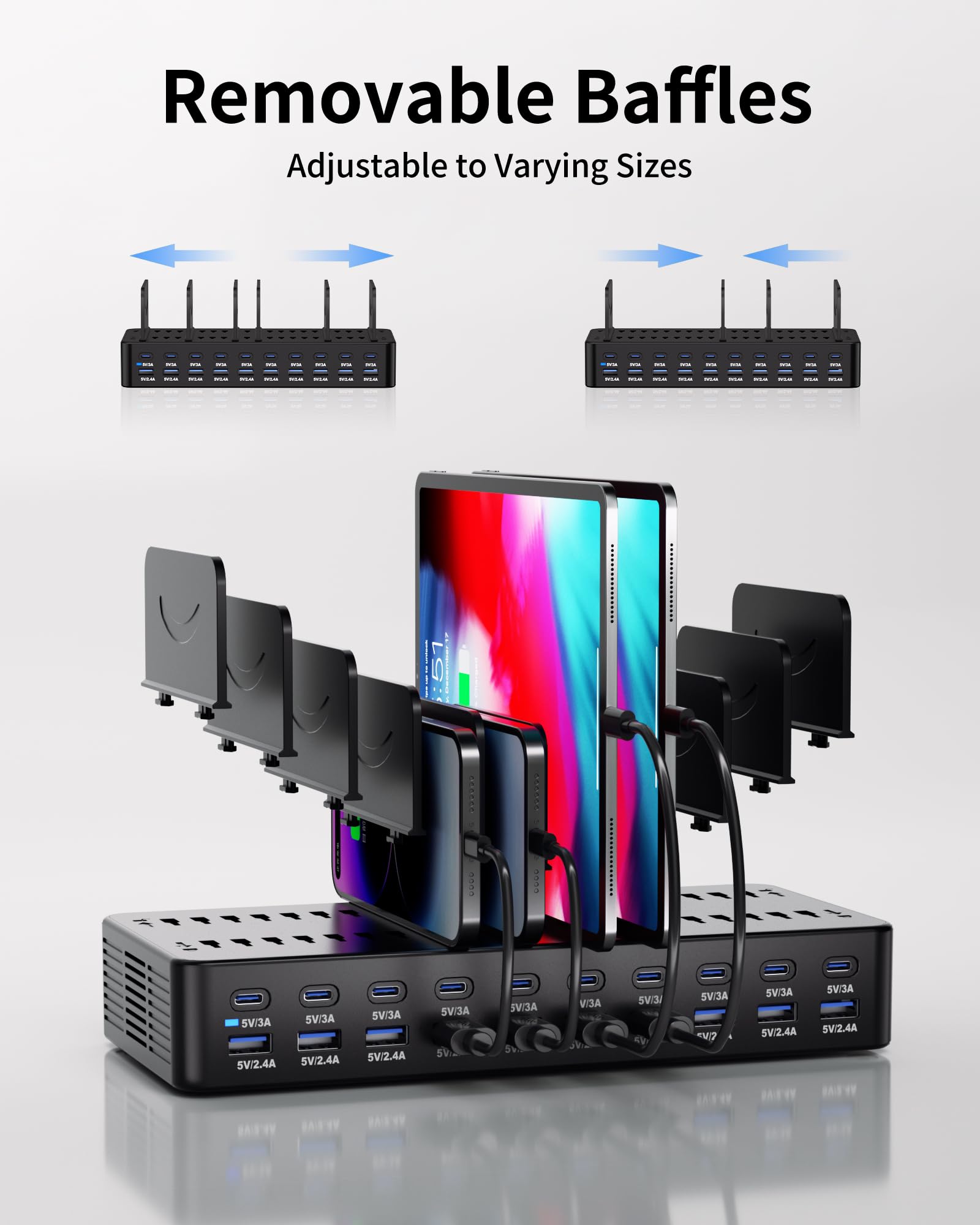 Estación de carga de 270 W para múltiples dispositivos, estación de carga rápida USB de 20 puertos con divisores ajustables y 10 cables, base de carga organizadora de múltiples dispositivos para
