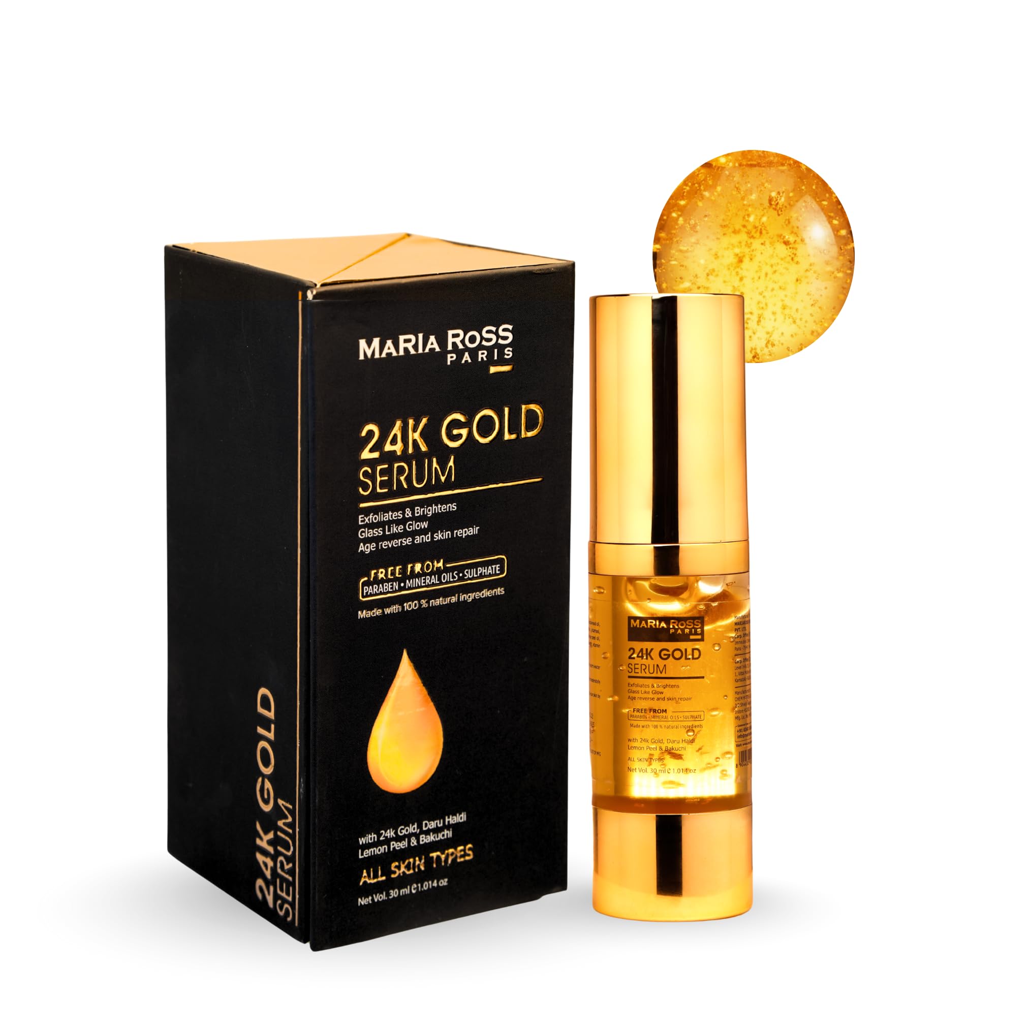 Maria Ross 24K Gold Serum for Exfoliating and Brightining Skin with Anti aging effect Youthful Skin Reduces Dullness & Improves Texture For All Skin Types, Men & Women (30 ml)