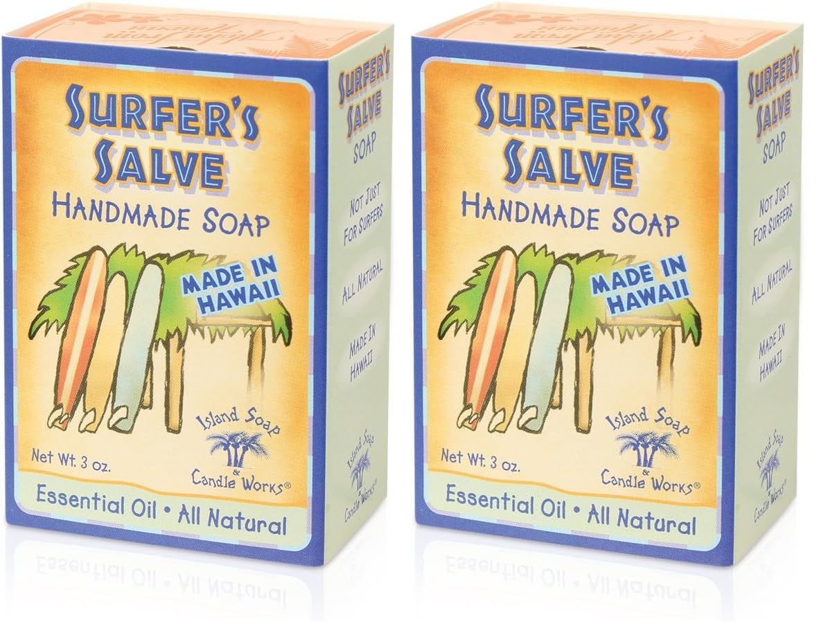 Island Soap & Candle Works Surfer's Salve Soap - Made in Hawaii w/Lavender & Tea Tree Essential Oil, Vitamin E, & Aloe - Soap for Sunburned or Damaged & Dry Skin - 3 Ounces (Pack of 2)