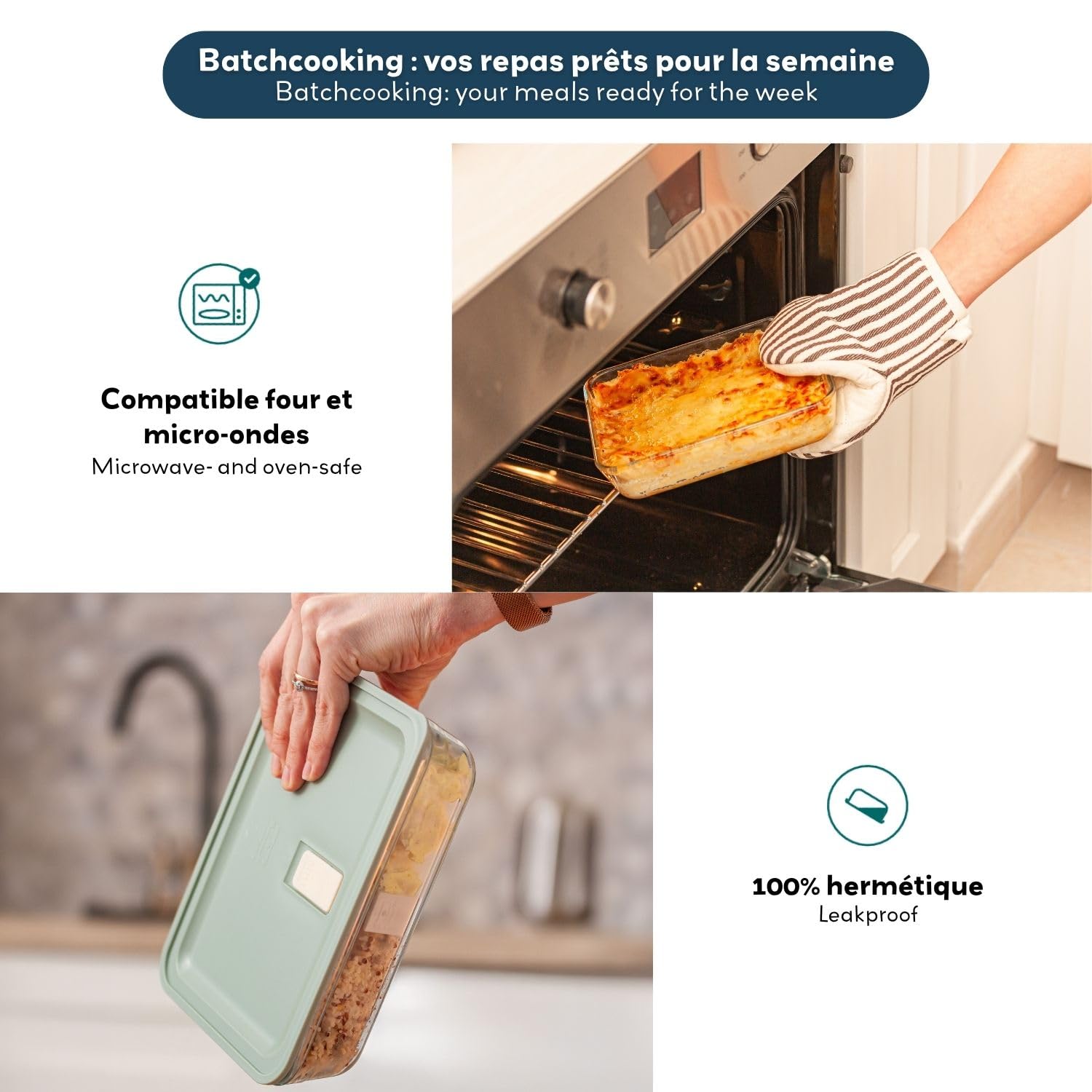 monbento x Pyrex – 5er-Set MB Prep-Glasbehälter – 5 x 600 ml – Luftdichte Behälter aus Borosilikatglas, zur Zubereitung großer Mahlzeiten, ofen- und mikrowellengeeignet, BPA-frei
