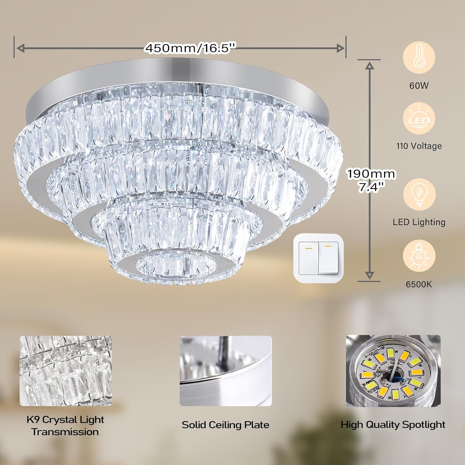 Modern LED Crystal Chandelier 3-Tier LED Ceiling Light Round Ceiling Flush Mounted Chandelier Light Fixure for Dinning Room Bedroom Living Room (Cool White)