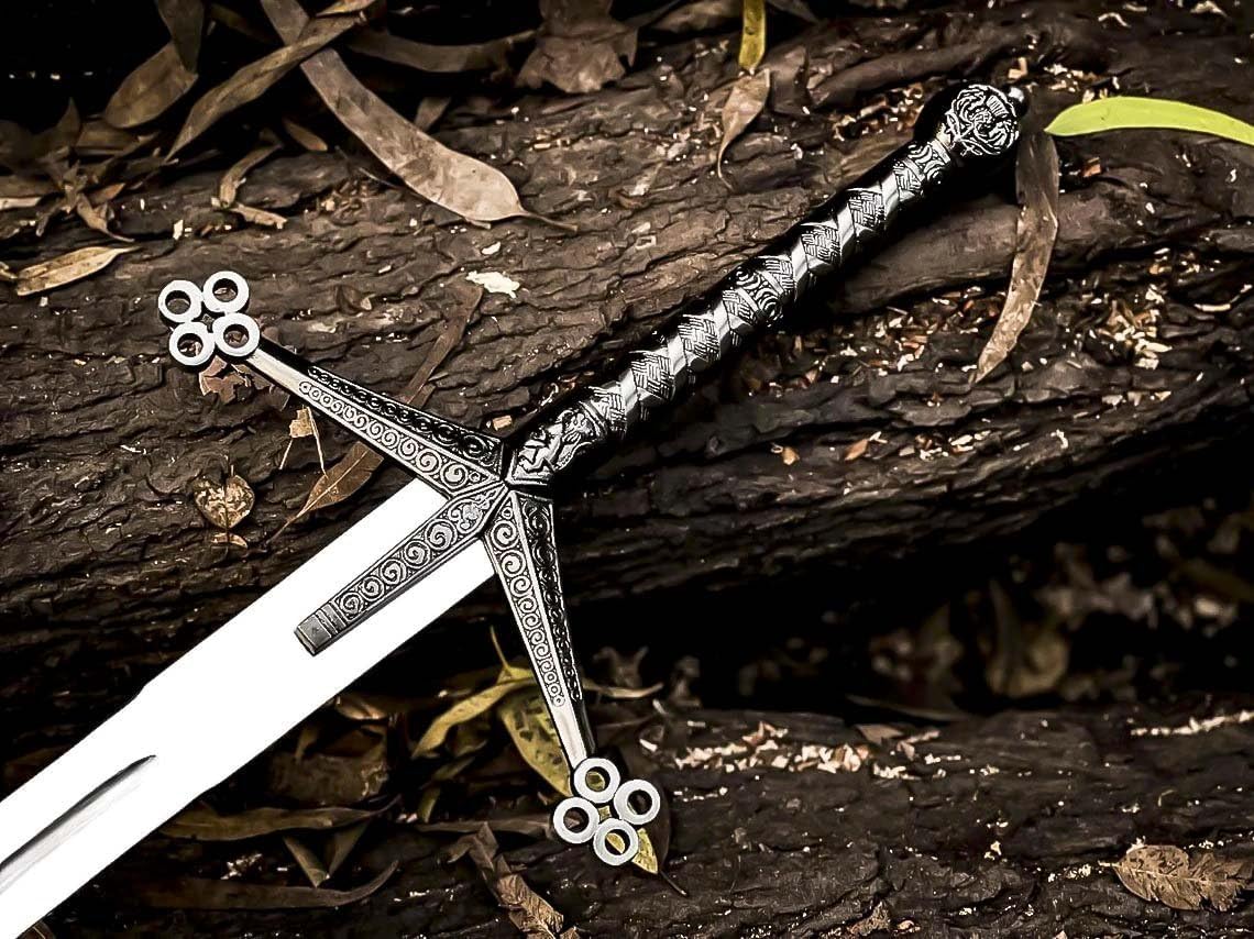 Stainless Steel Knights Templar Sword 31" Damascus Steel Blade Medieval Crusader Arming Sword with Leather Sheath | Cosplay, LARP, Display & Gift