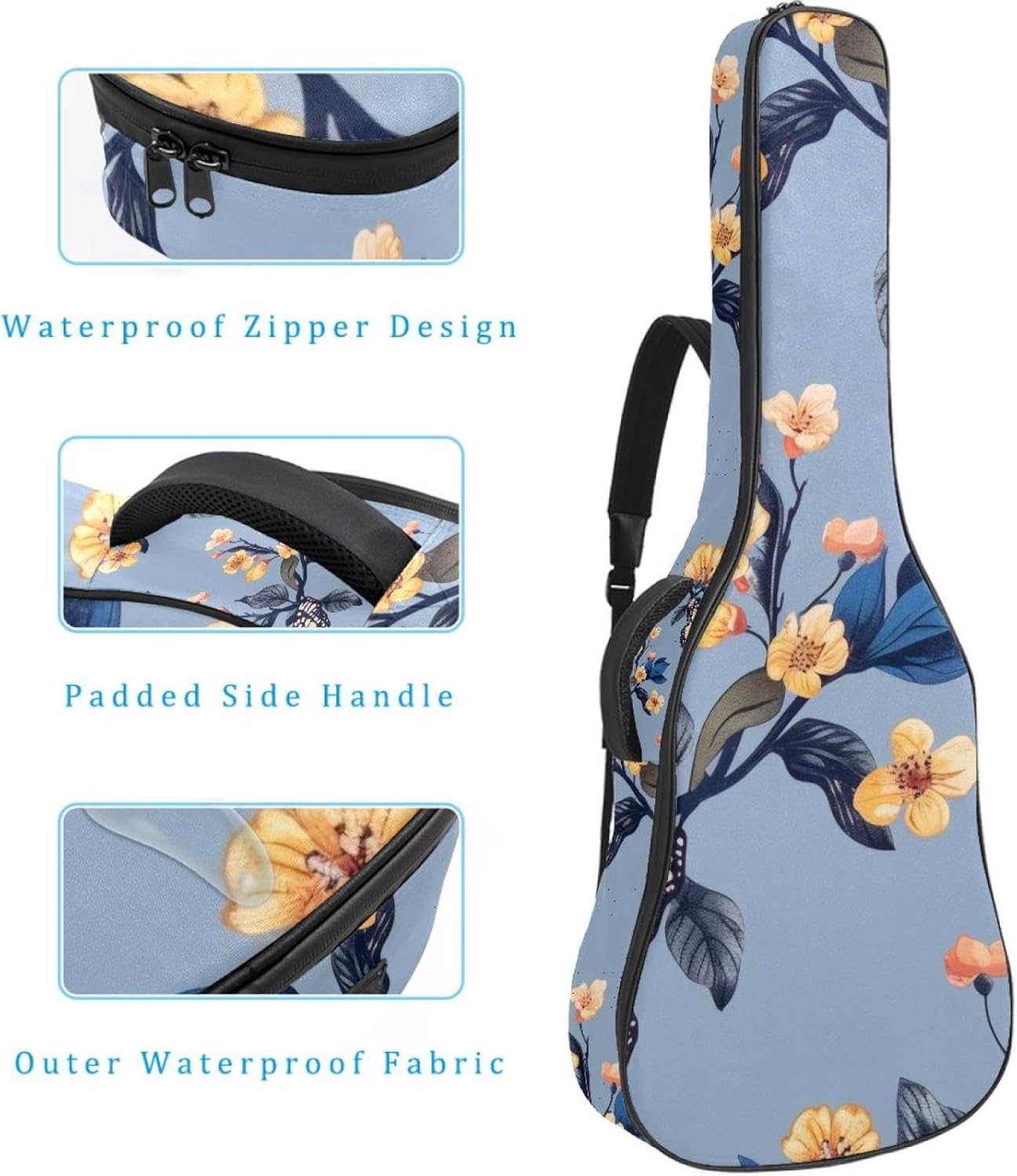 Acoustic Guitar Bag 0.4 Inch Thick Padding Waterproof Guitar Case Gig Bag for 40 41 42 Inch Electric Bass Classical Guitar, Yellow and Blue Butterflies with Flowers