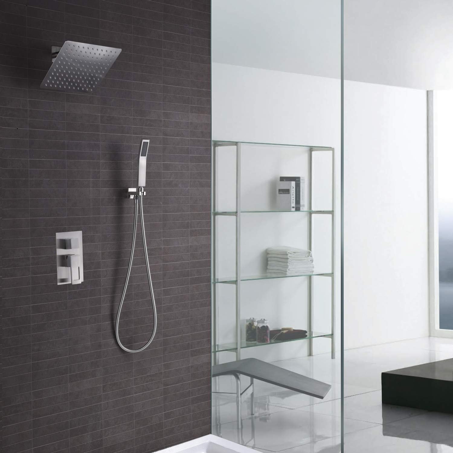 Rain Shower Faucet Set 8 Inch Square Shower Head Chrome Big Flow Rain Wall Mounted Shower Combo System In Wall Shower Trim Valve Body&Handheld Shower Khrodis Brand (8 Inch shower facet)