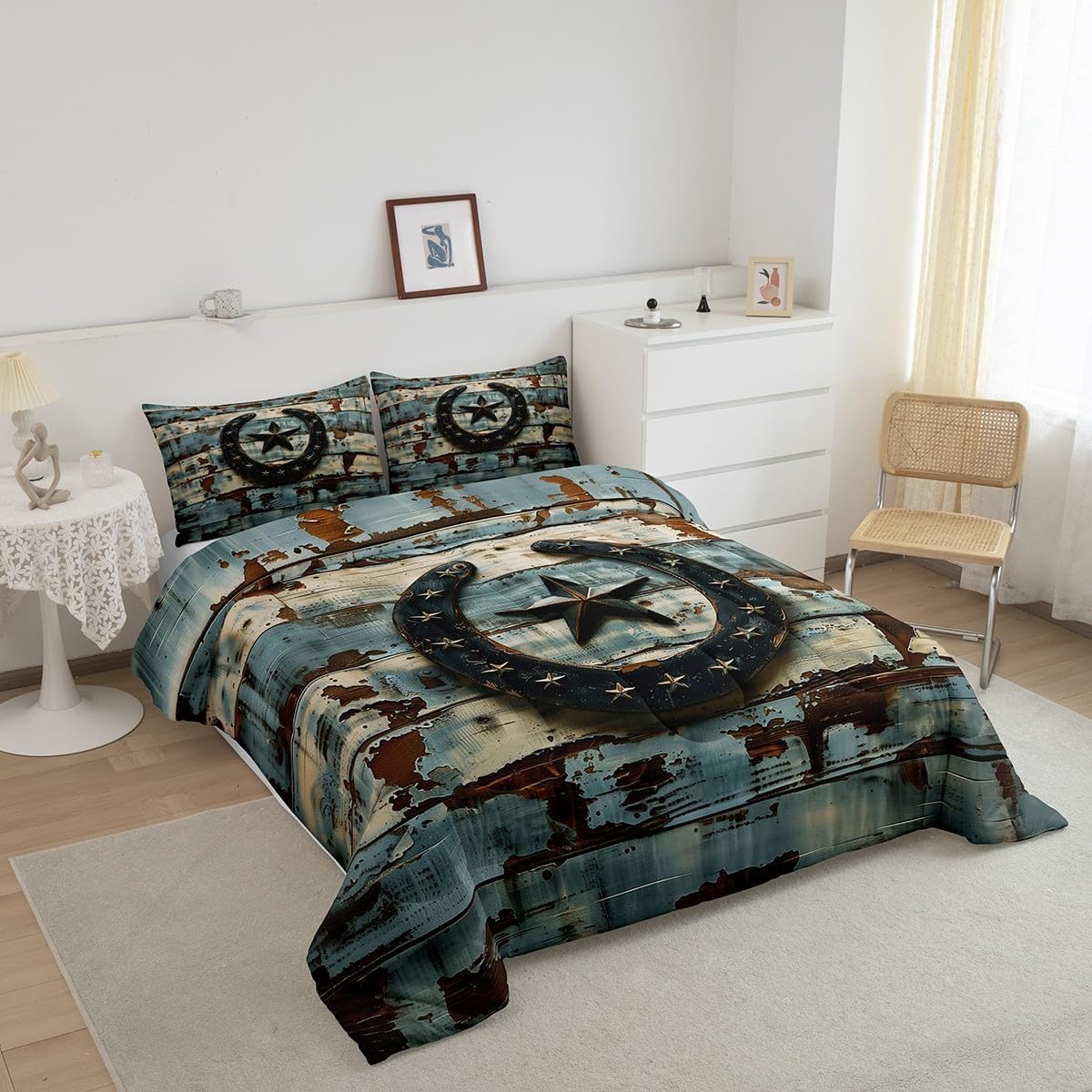 Feelyou West Texas Star Duvet Quilt Twin Size Western Aztec Comforter Set for Boys Girls Children Horseshoes Rustic Cowboy Tribal Vintage Farmhouse Bedding Set Room Decor Soft 2Pcs