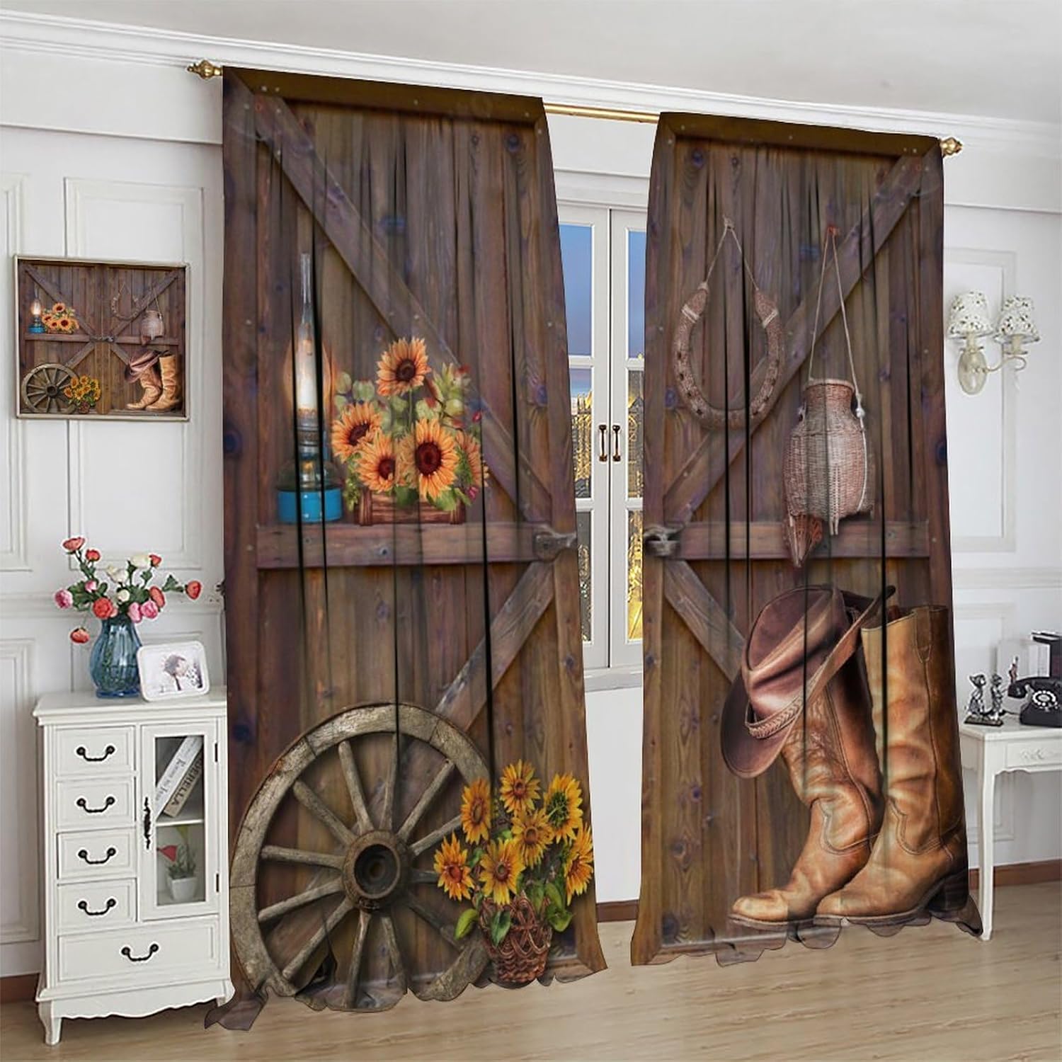 Brebasf Western Wooden Barn Blackout Curtains Rustic Horseshoe Vintage Old Wooden Board Cowboy Boots Wheel Sunflower Window Thermal Insulated Darkening Rod Pocket Curtains 2 Panels 84" L x 42" W