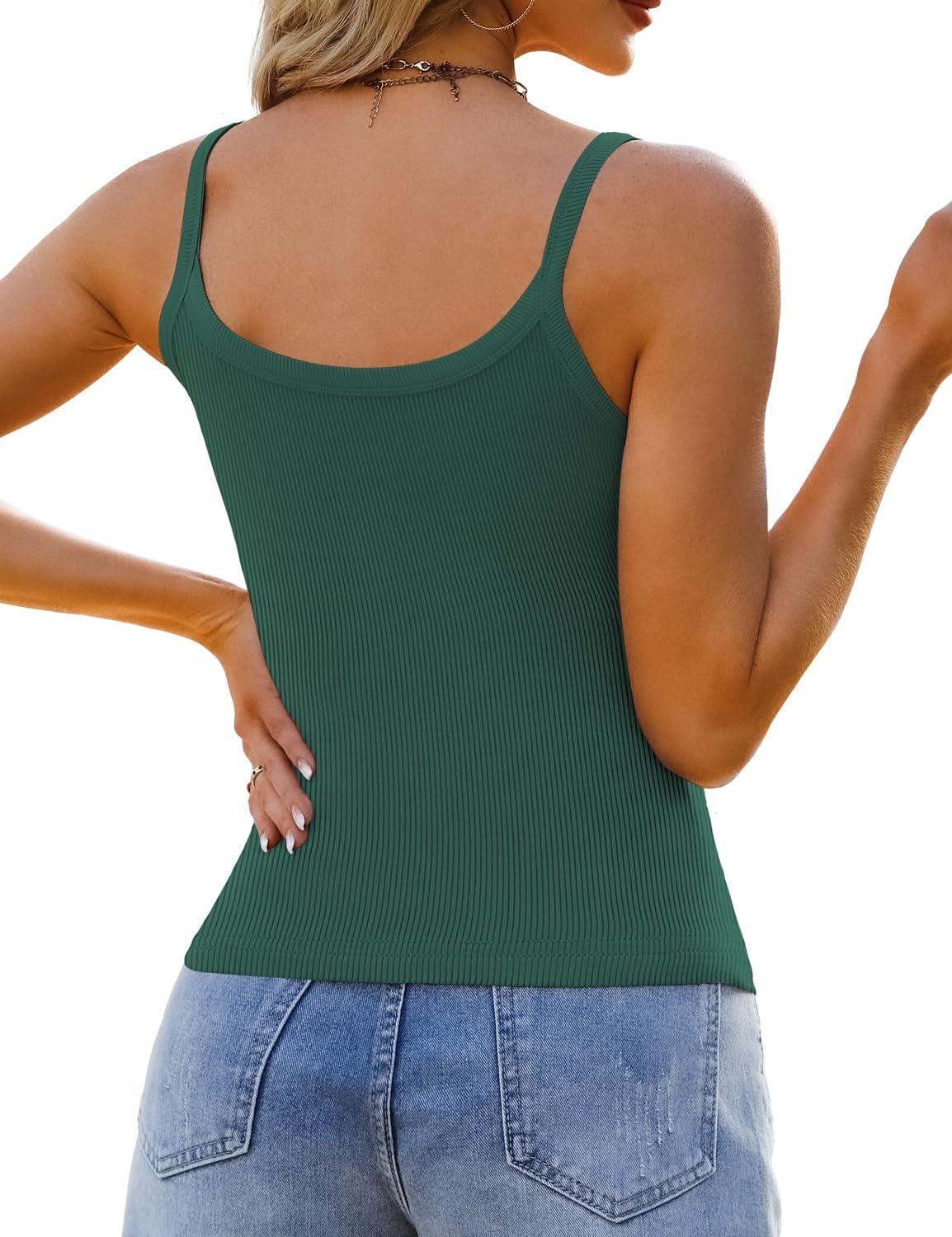 2 Pack Womens Sleeveless Tank Top Form Fitting Spaghetti Strap Scoop Neck Ribbed Knit Basic Cami Layering Shirts - Image 3