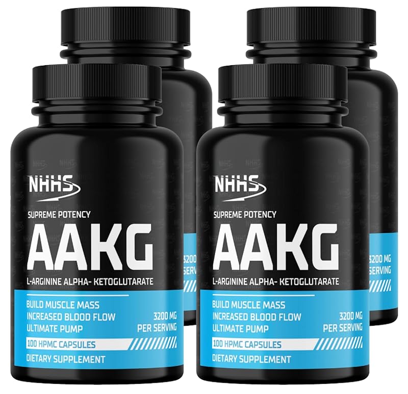 NHHS Suplemento de L-Arginina Alfa-Cetoglutarato (AAKG) 3.200 mg por porção, 100 cápsulas veganas, pacote com 4