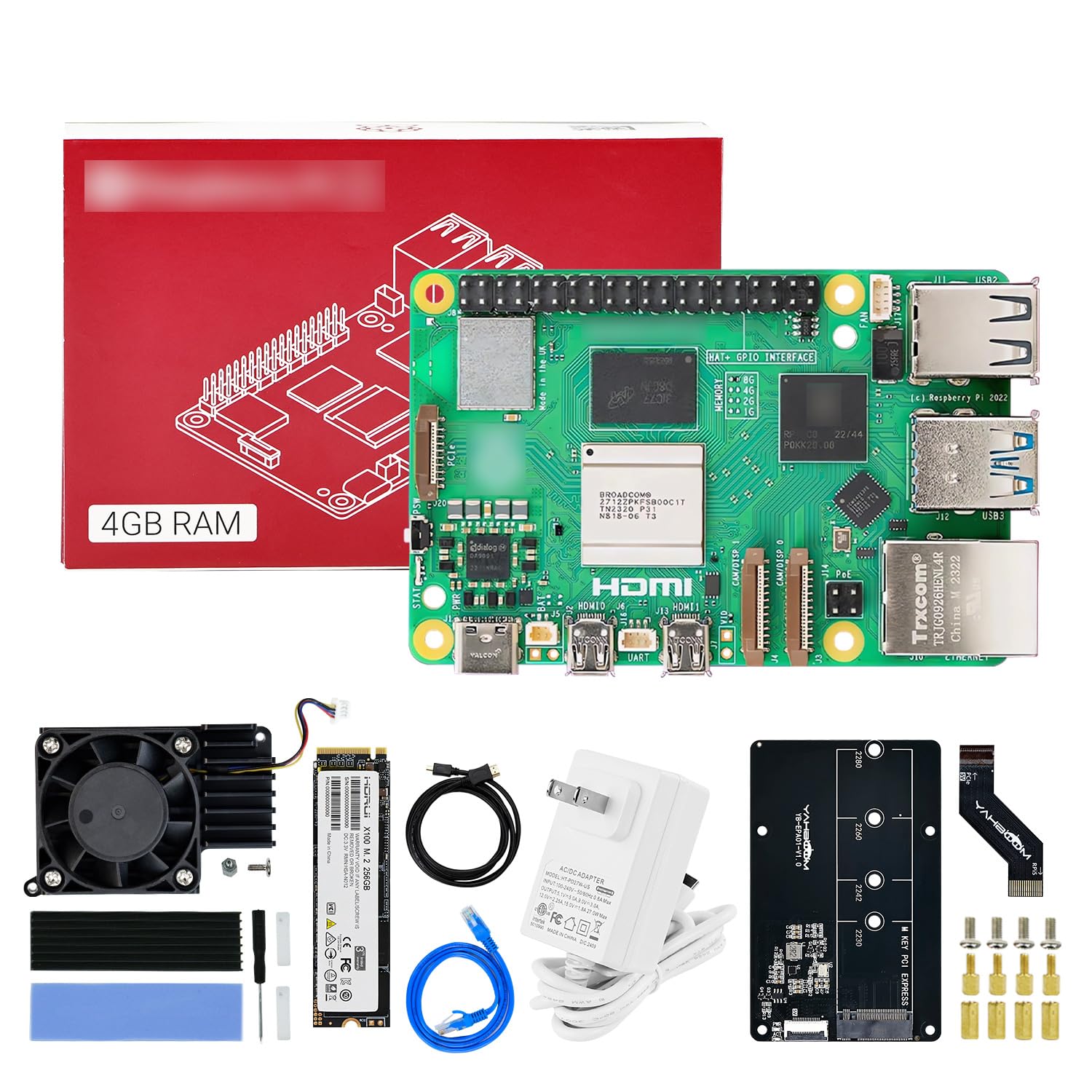 Yahboom Raspberry Pi 5 4GB RAM Starter Kit with with Active Cooler,PCIe to M.2 Adapter, 256GB SSD, 27W 5.1V/5A Power Adapter for Linux System (Pi5 4GB, PCIe M.2 SSD Kit)