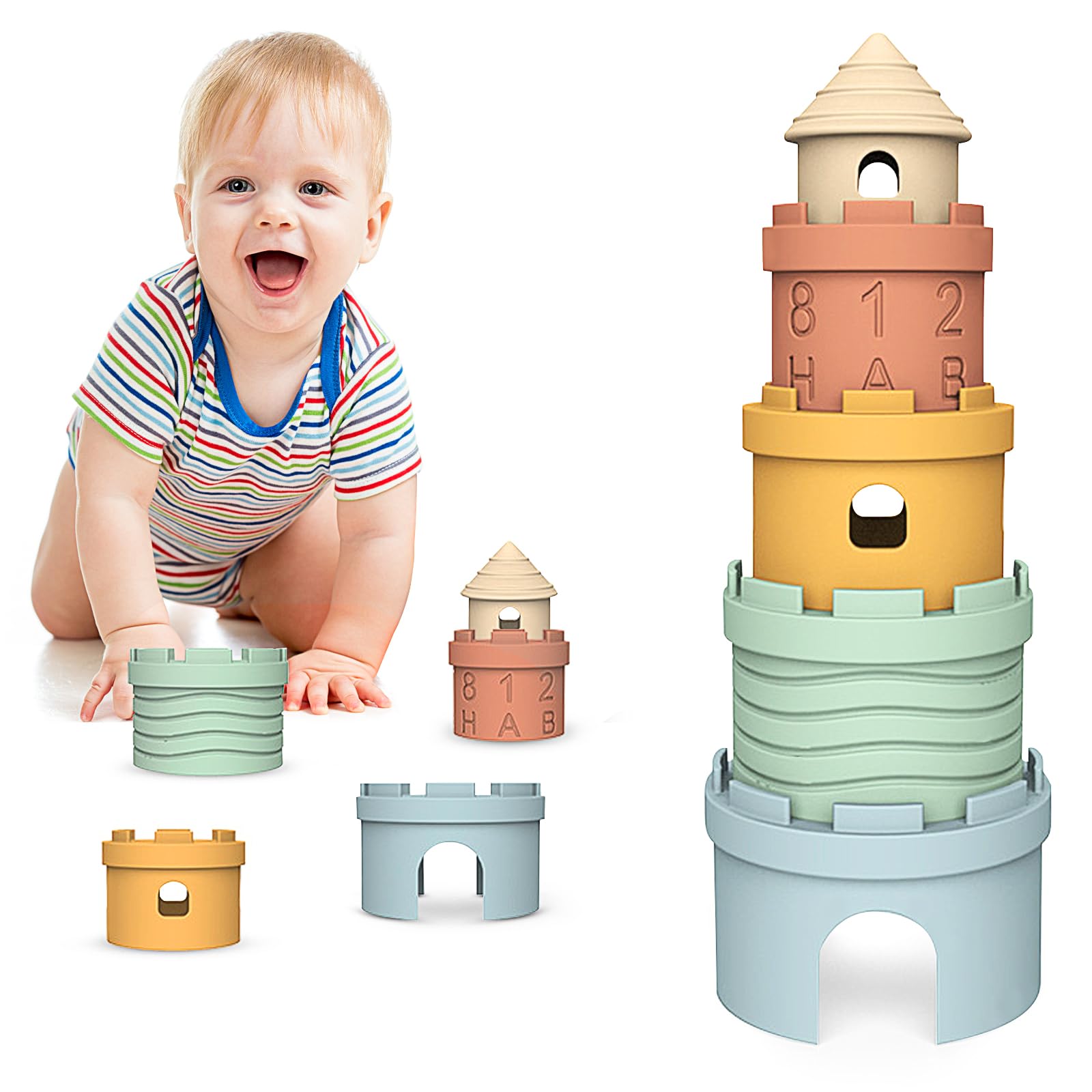 YZNlife Stacks of Castle Soft Teething Toy Educational Learning Stacking Ring Toys for Babies, 6 Piece Set