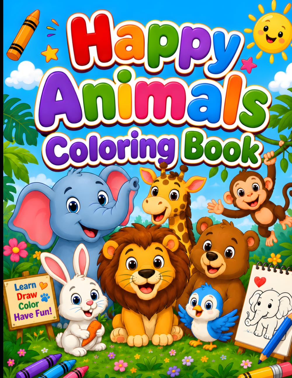 Happy Animals Coloring Book for Kids: Cute and Easy Animal Coloring Pages for Toddlers, Preschoolers, and Kindergarten Kids Ages 3-6