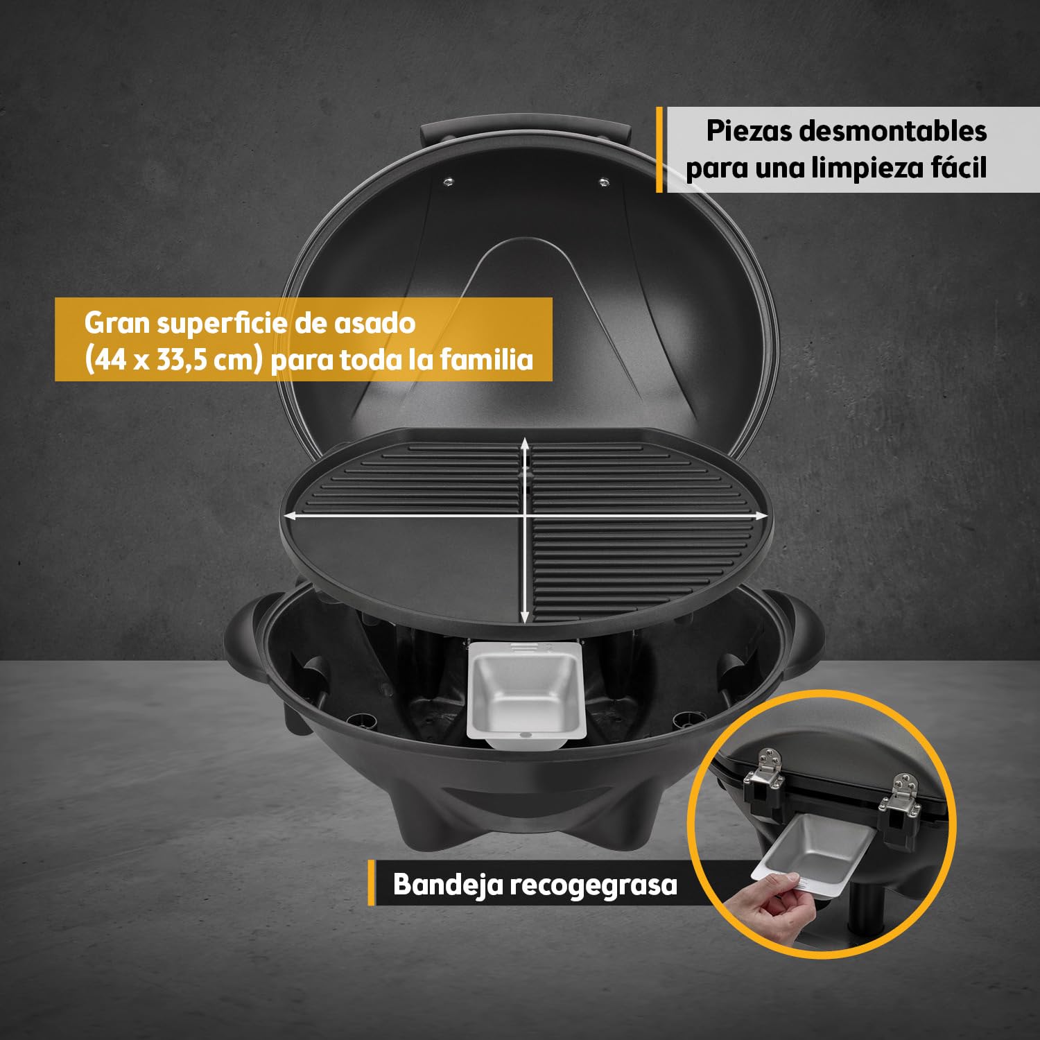 TZS First Austria - Barbacoa eléctrica 2 en 1 de mesa y suelo 2400W - BBQ plegable para balcón y terraza con tapa y carrito - Parrilla esférica con termómetro y bandeja recogegrasas