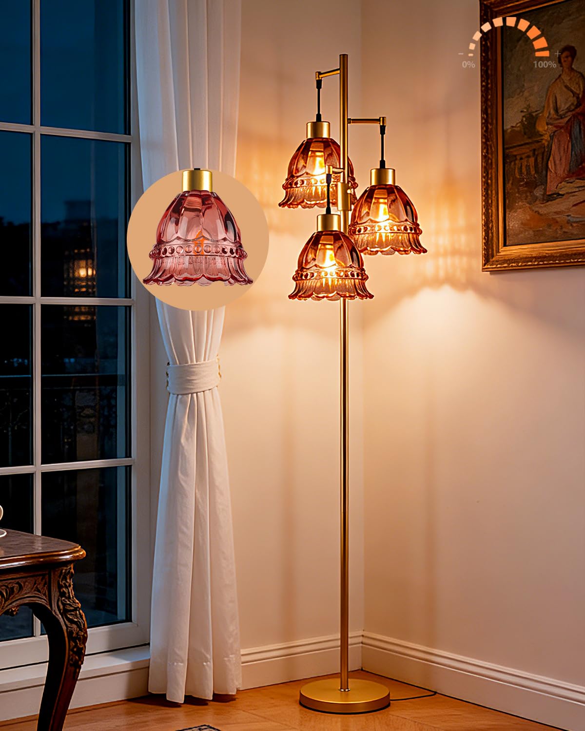 Lightdot 3-Lights Glass Floor Lamp Dimmable Gold Floor Lamp with Deep Red Glass Shade 3000K Bulbs Included Unique Modern Standing Tall Lamp for Living