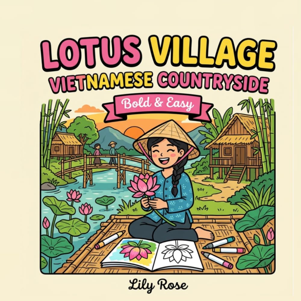 Lotus Village: Vietnamese Countryside Bold & Easy Coloring Book for Adults: 22 Calming Nature Scenes Featuring Rice Paddies, Bamboo Bridges, Lotus Ponds and Asian Village Life for Relaxation
