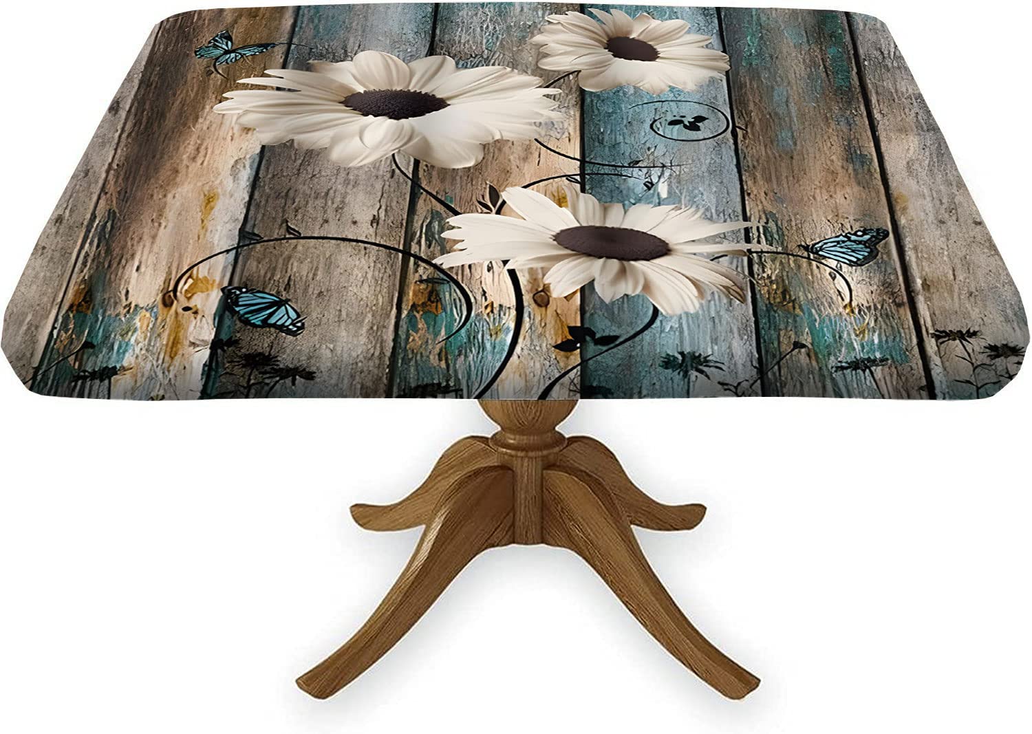 Meetfeb Daisy Flowers Square Fitted Tablecloth, Rustic Floral Blossom Table Covers, Fits 40x40 in Table, for Holiday Party Banquet Dinner Use