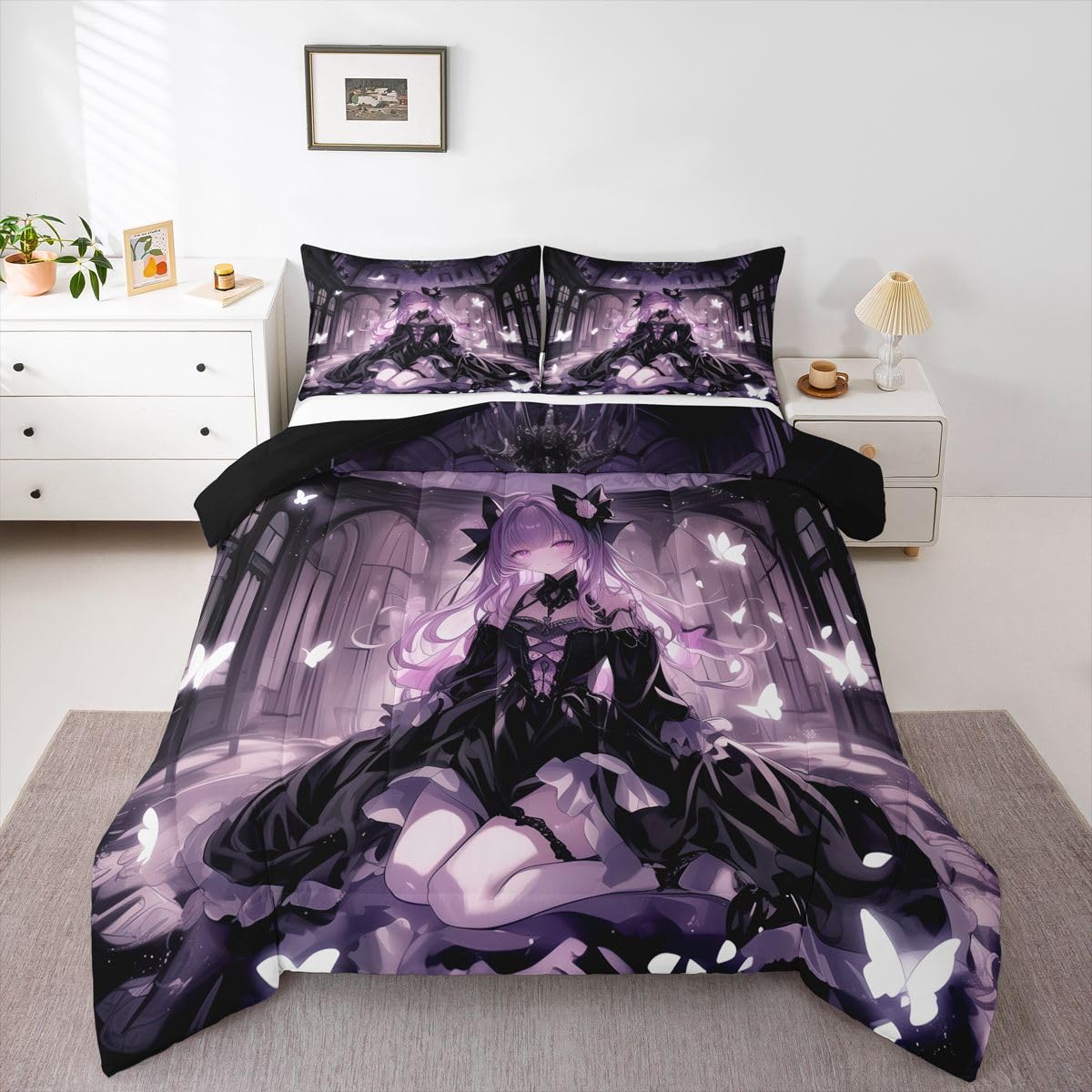 Erosebridal 3D Girly Kids Comforter Set | Japanese Girl Bedding Queen Size Anime Gifts Down Comforter Purple Dreamy Butterfly Print Duvet Set for Bedroom