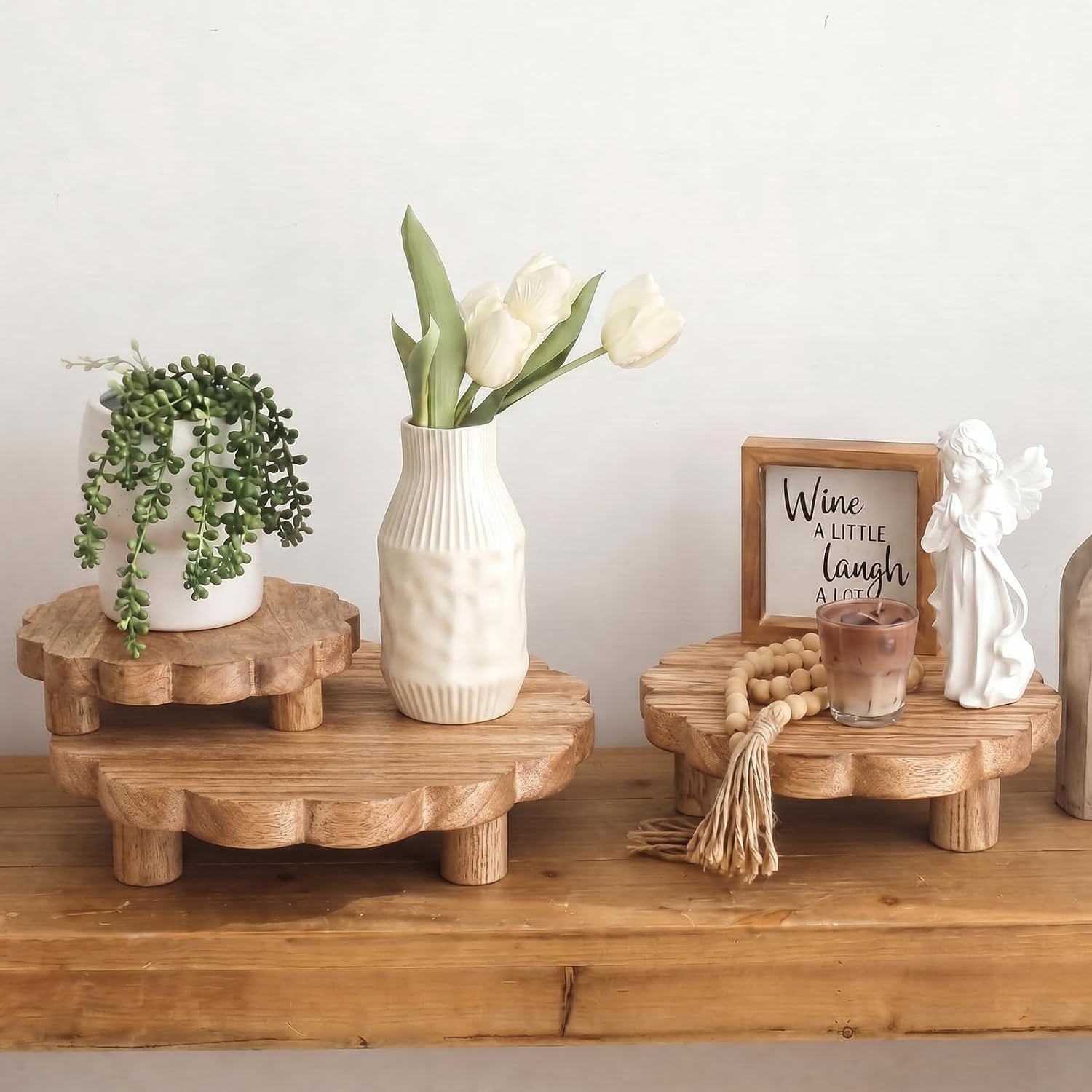 Rtteri 4 Pcs Scalloped Wooden Risers Rustic Bathroom Decoration Mini Scalloped Stand Tray for Display Round Wooden Pedestal Stand Set 5/6/7/8 Inch for Home Bathroom Counter Kitchen Tiered Tray Decor